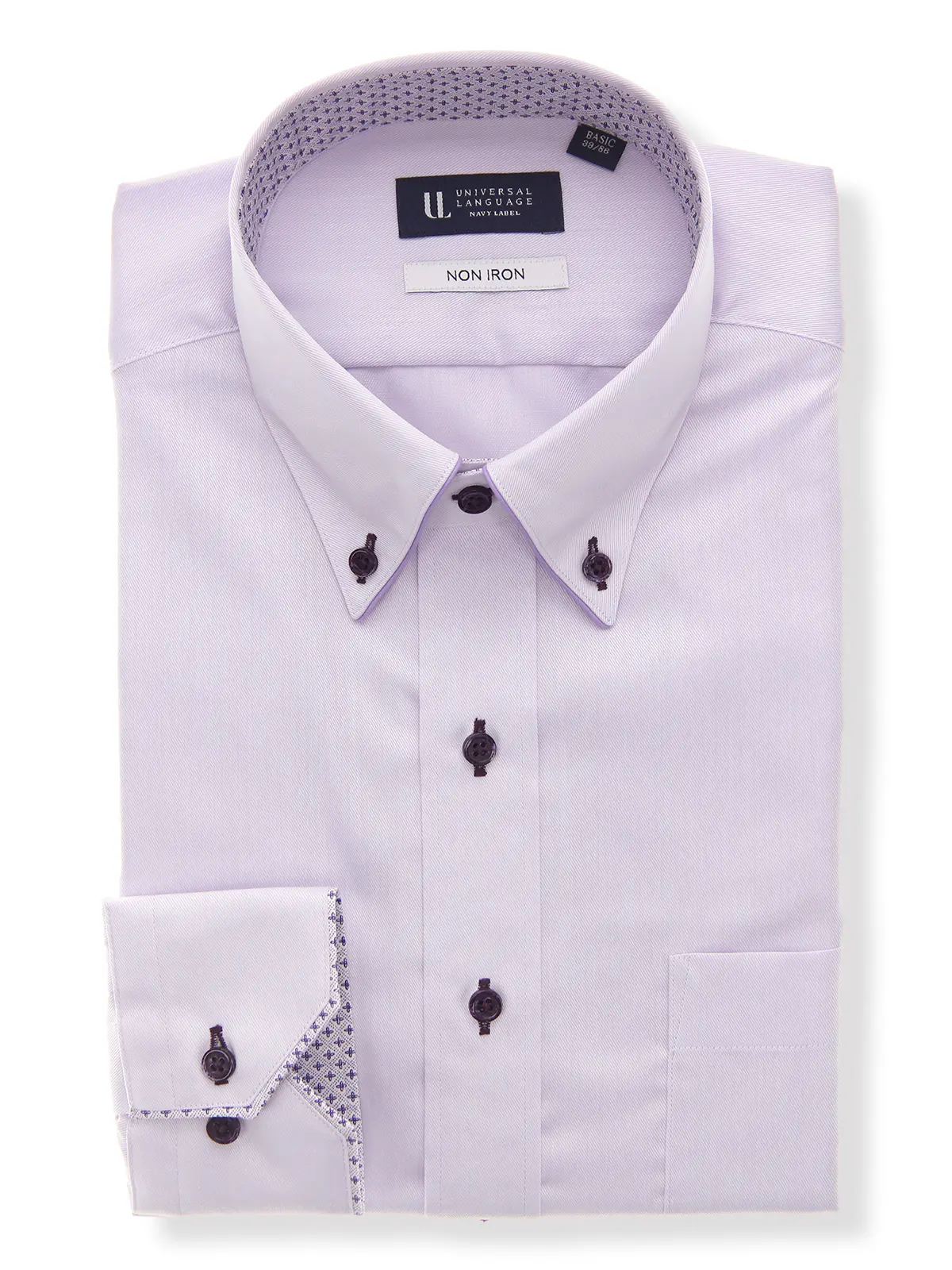 ワイシャツ／長袖／ノンアイロン／形態安定／ボタンダウンカラー／織柄／BASIC／ドレスシャツ パープル 首周り:37cm,裄丈:80cm
