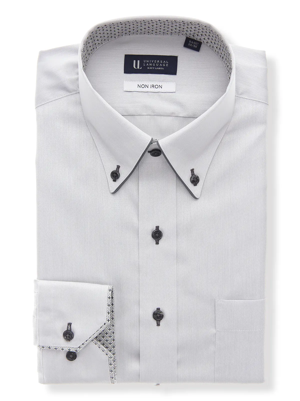 ワイシャツ／長袖／ノンアイロン／形態安定／ボタンダウンカラー／織柄／BASIC／ドレスシャツ ライトグレー 首周り:37cm,裄丈:80cm