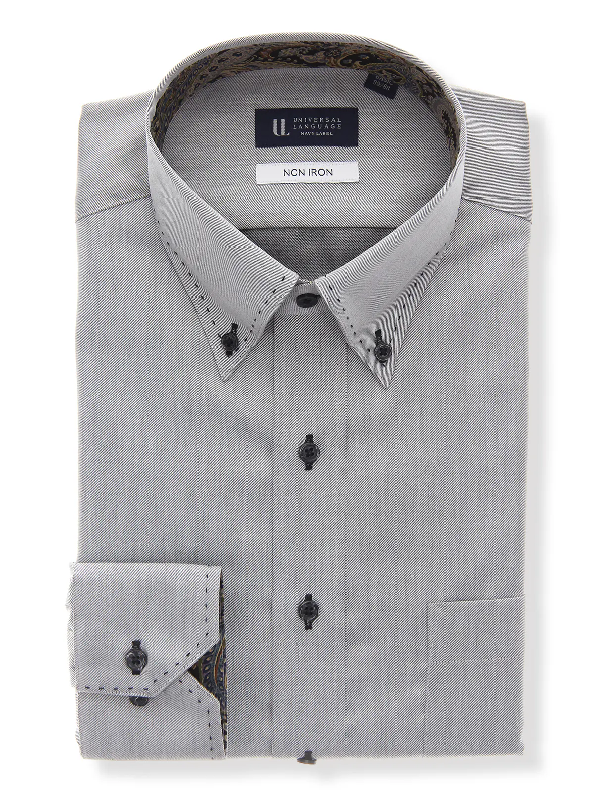 ワイシャツ／長袖／ノンアイロン／形態安定／ボタンダウンカラー／織柄／BASIC／ドレスシャツ グレー 首周り:37cm,裄丈:80cm