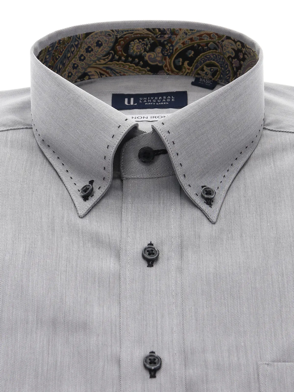 ワイシャツ／長袖／ノンアイロン／形態安定／ボタンダウンカラー／織柄／BASIC／ドレスシャツ グレー 首周り:37cm,裄丈:80cm