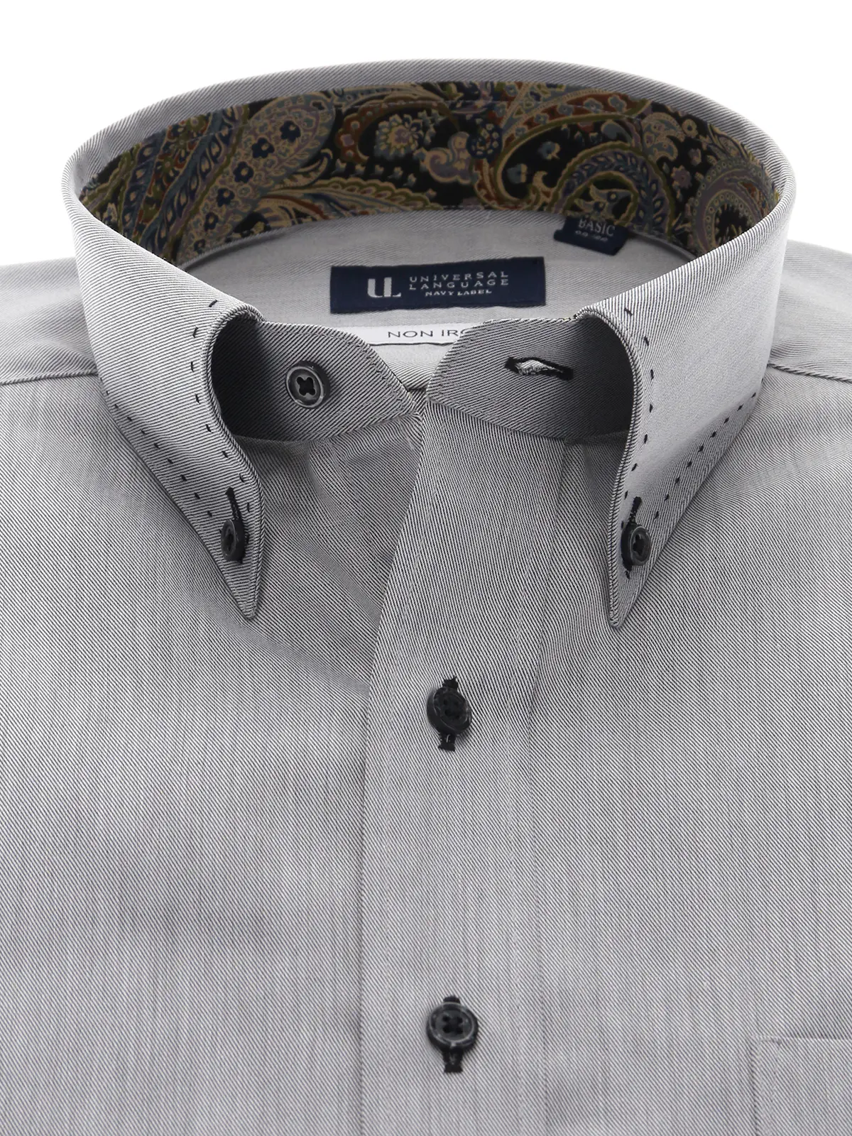 ワイシャツ／長袖／ノンアイロン／形態安定／ボタンダウンカラー／織柄／BASIC／ドレスシャツ グレー 首周り:37cm,裄丈:80cm