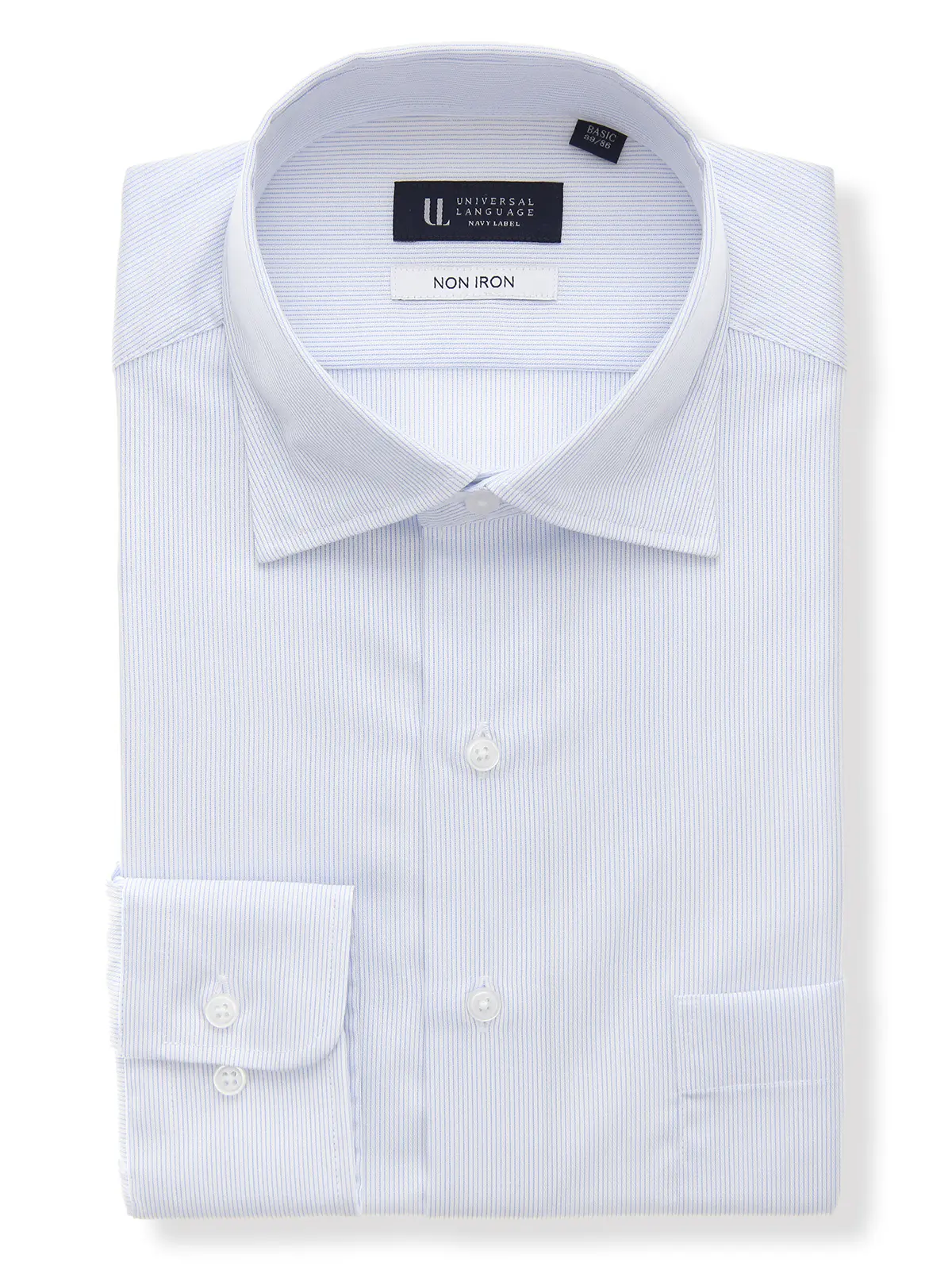 ワイシャツ/長袖/ノンアイロン/形態安定/ワイドカラー/ストライプ/BASIC/ドレスシャツ ブルー 首周り:37cm,裄丈:80cm