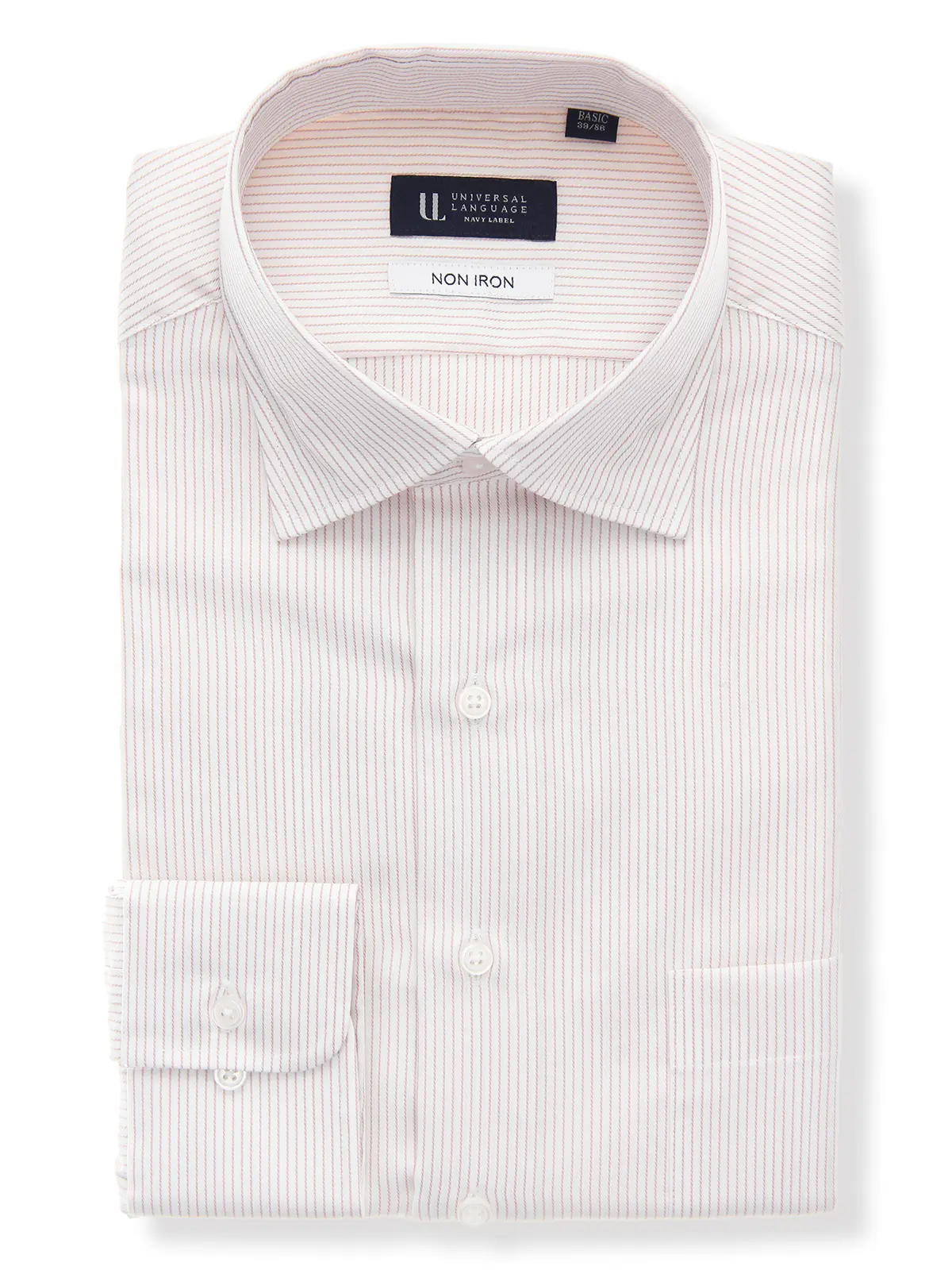 ワイシャツ/長袖/ノンアイロン/形態安定/ワイドカラー/ストライプ/BASIC/ドレスシャツ ベージュ 首周り:37cm,裄丈:80cm