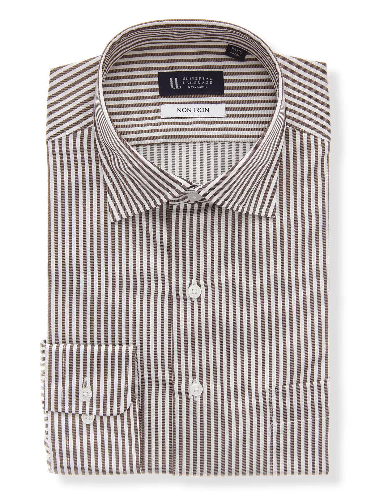 ワイシャツ/長袖/ノンアイロン/形態安定/ワイドカラー/ストライプ/BASIC/ドレスシャツ ブラウン 首周り:37cm,裄丈:80cm