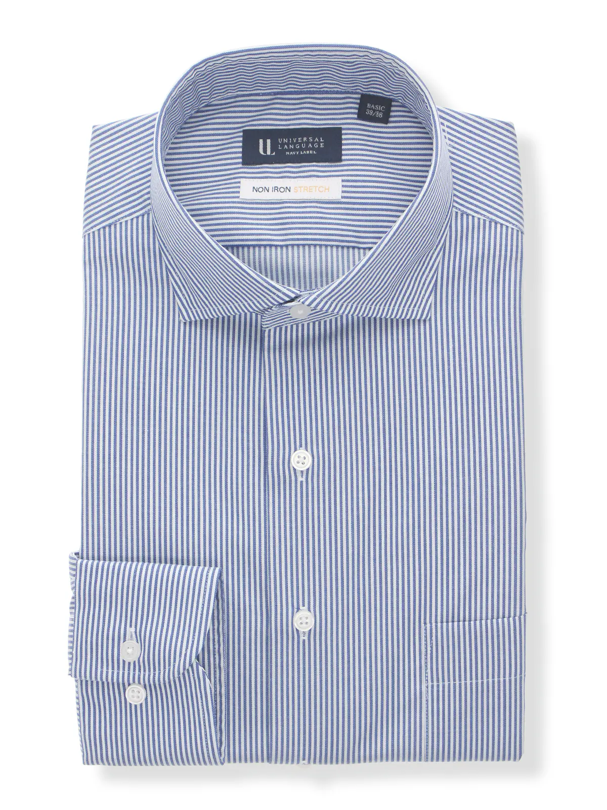 ワイシャツ／ノンアイロンストレッチ／3BLOCK／ホリゾンタルカラー／BASIC／ドレスシャツ ネイビー 首周り:37cm,裄丈:80cm