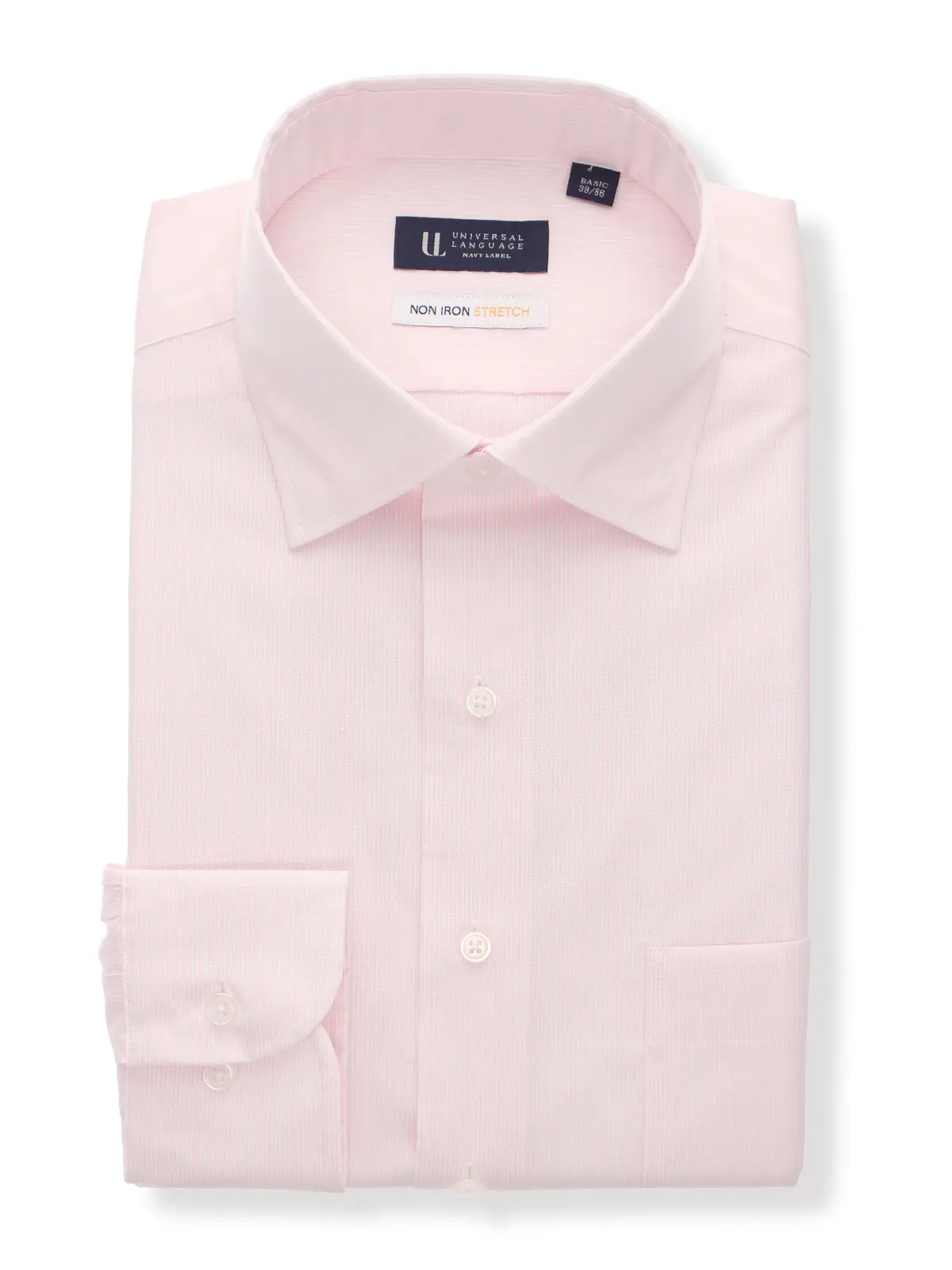 ワイシャツ／長袖／ノンアイロンストレッチ／3BLOCK／ワイドカラー／BASIC／ドレスシャツ ピンク 首周り:37cm,裄丈:80cm