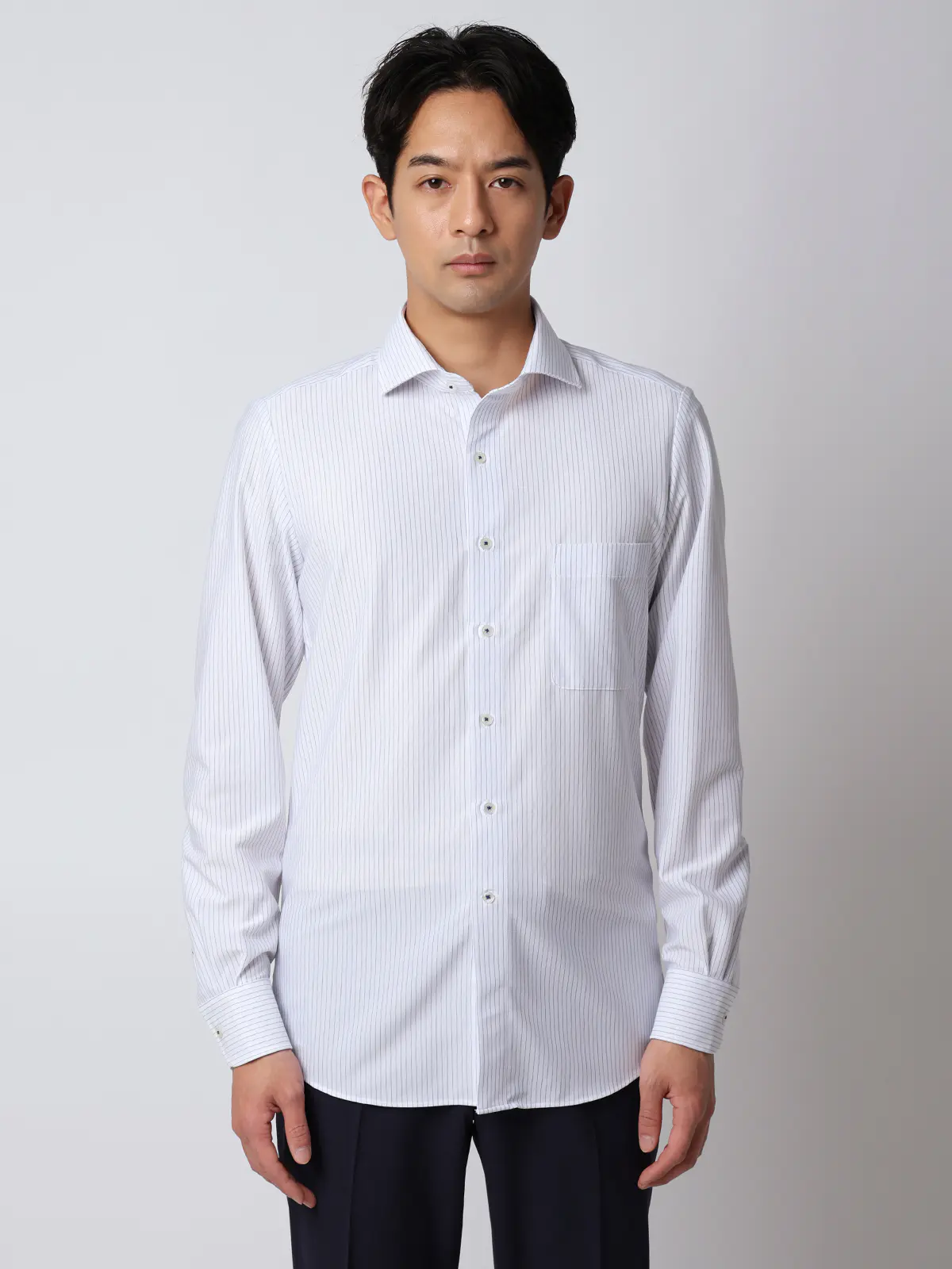 最高シャツ／ワイシャツ／長袖／ノンアイロンジャージー／ホリゾンタルカラー／FIT／ドレスシャツ ネイビー 首周り:37cm,裄丈:80cm