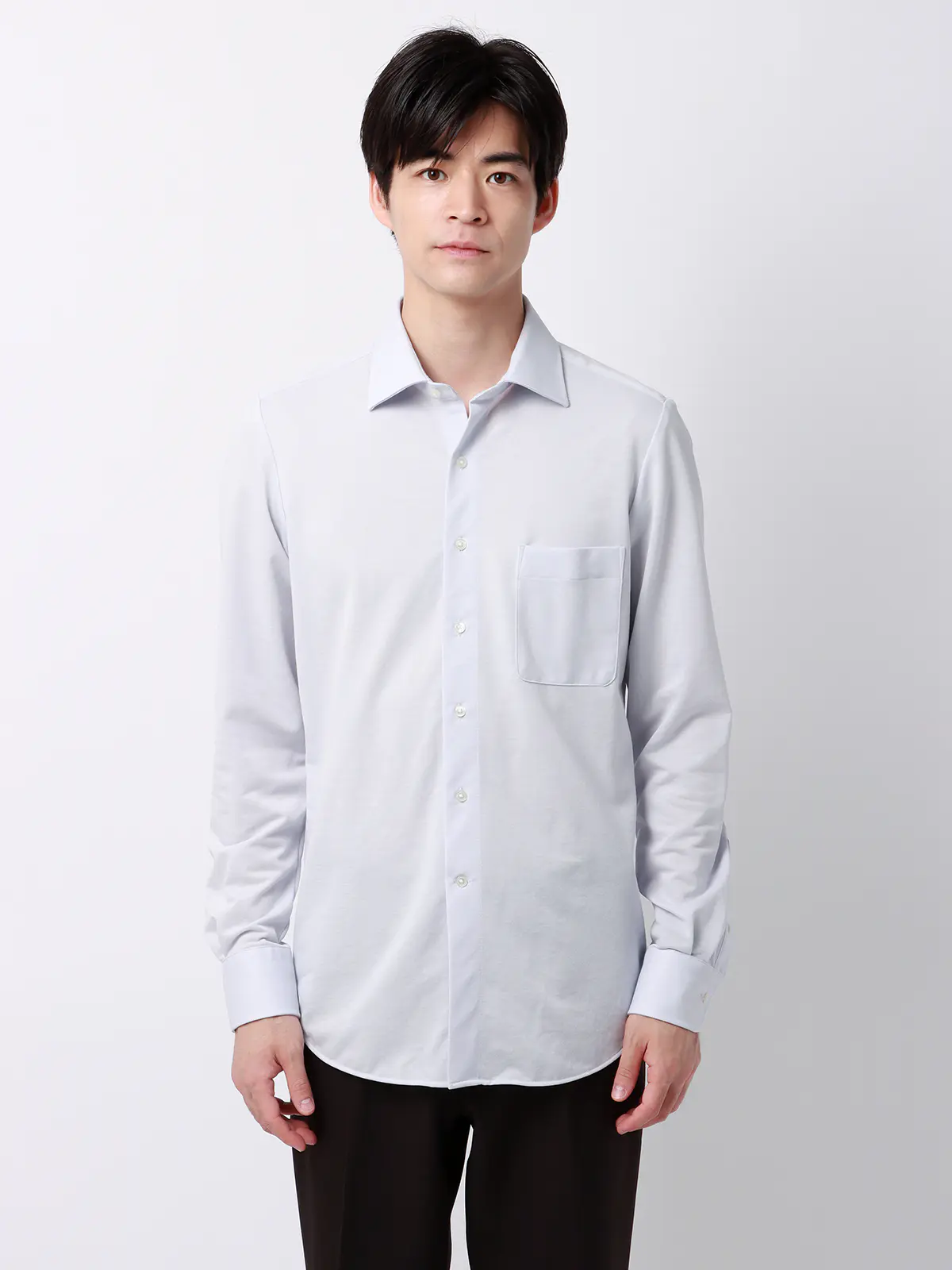 ▽ワイシャツ／長袖／ワイドカラー／ノンアイロンジャージー／FIT／ドレスシャツ グレー系 首周り:37cm,裄丈:80cm