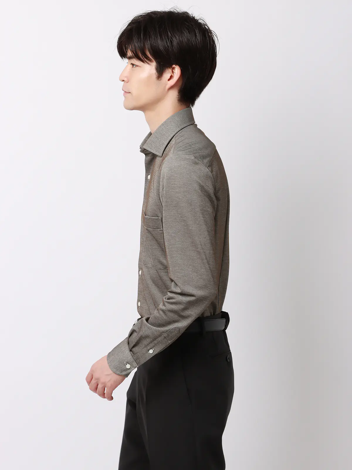 ▽ワイシャツ／長袖／ワイドカラー／ノンアイロンジャージー／FIT／ドレスシャツ ブラウン系 首周り:37cm,裄丈:80cm