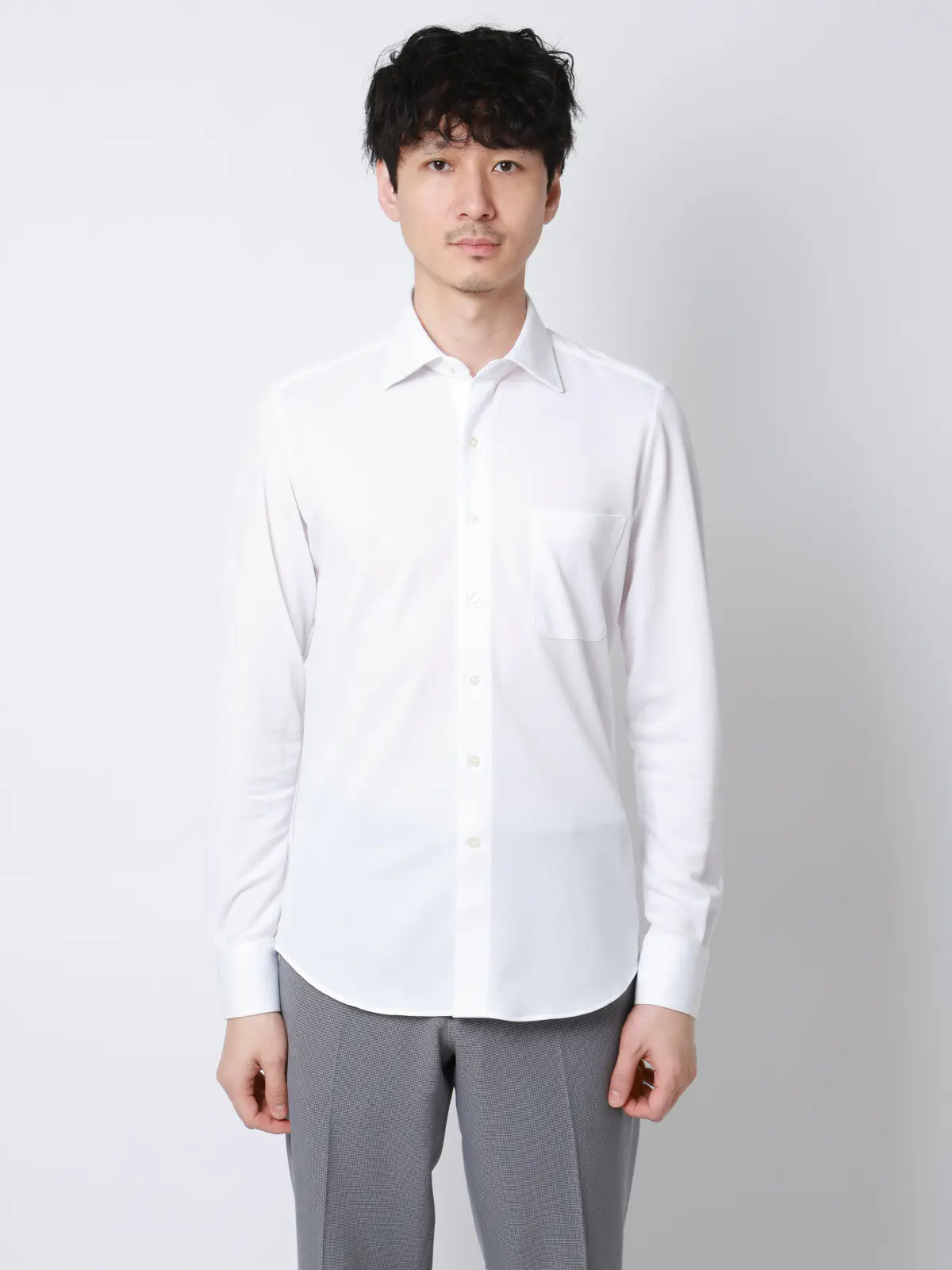 "超"伸びる涼しい最高シャツ/ワイシャツ/ノンアイロンジャージー/ワイドカラー/FIT/ドレスシャツ ホワイト 首周り:37cm,裄丈:80cm