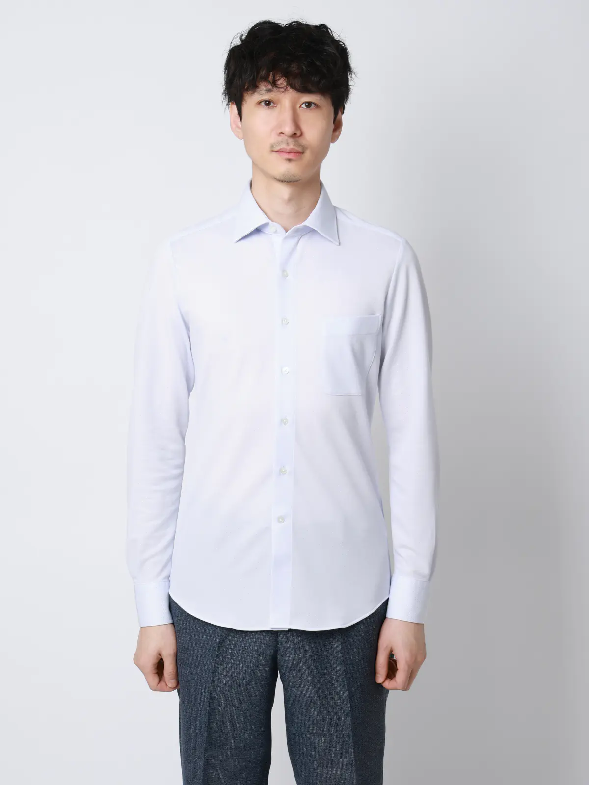 "超"伸びる涼しい最高シャツ/ワイシャツ/ノンアイロンジャージー/ワイドカラー/FIT/ドレスシャツ サックス 首周り:37cm,裄丈:80cm