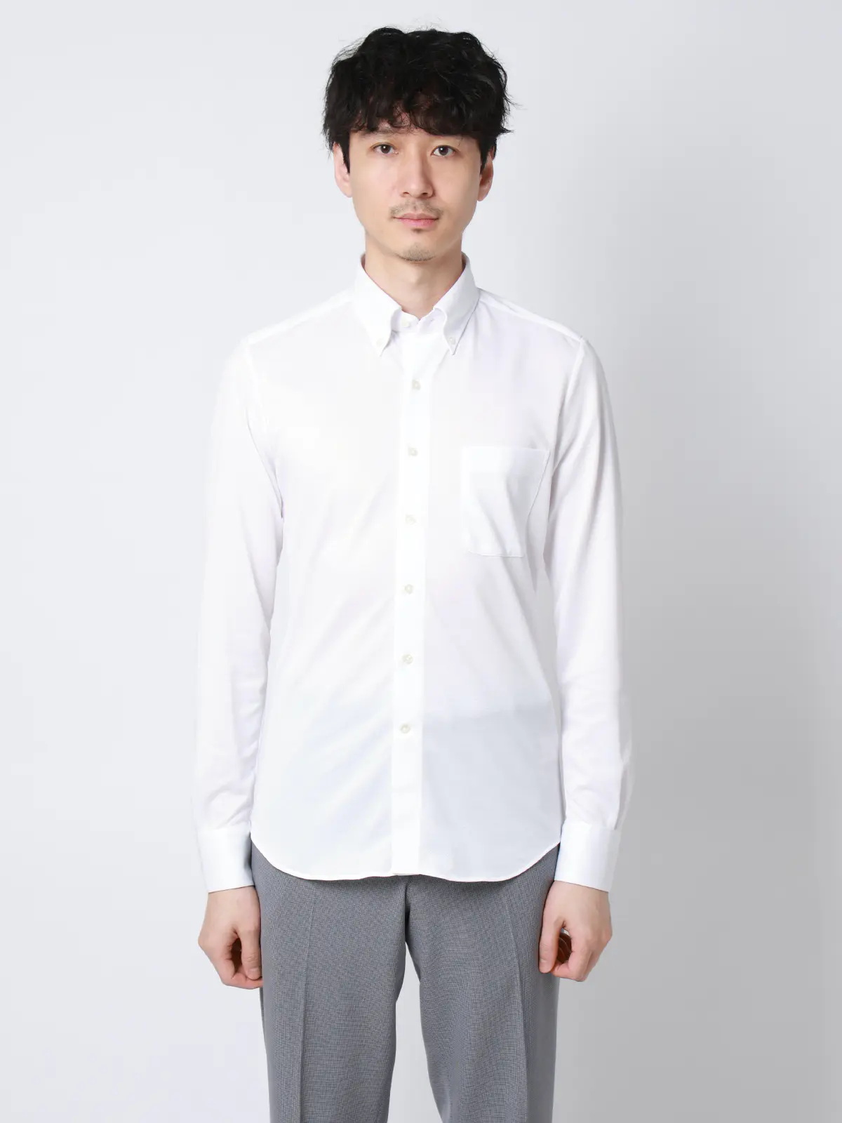 "超"伸びる涼しい最高シャツ／ワイシャツ／ノンアイロンジャージー／ボタンダウンカラー／FIT／ドレスシャツ ホワイト 首周り:37cm,裄丈:80cm