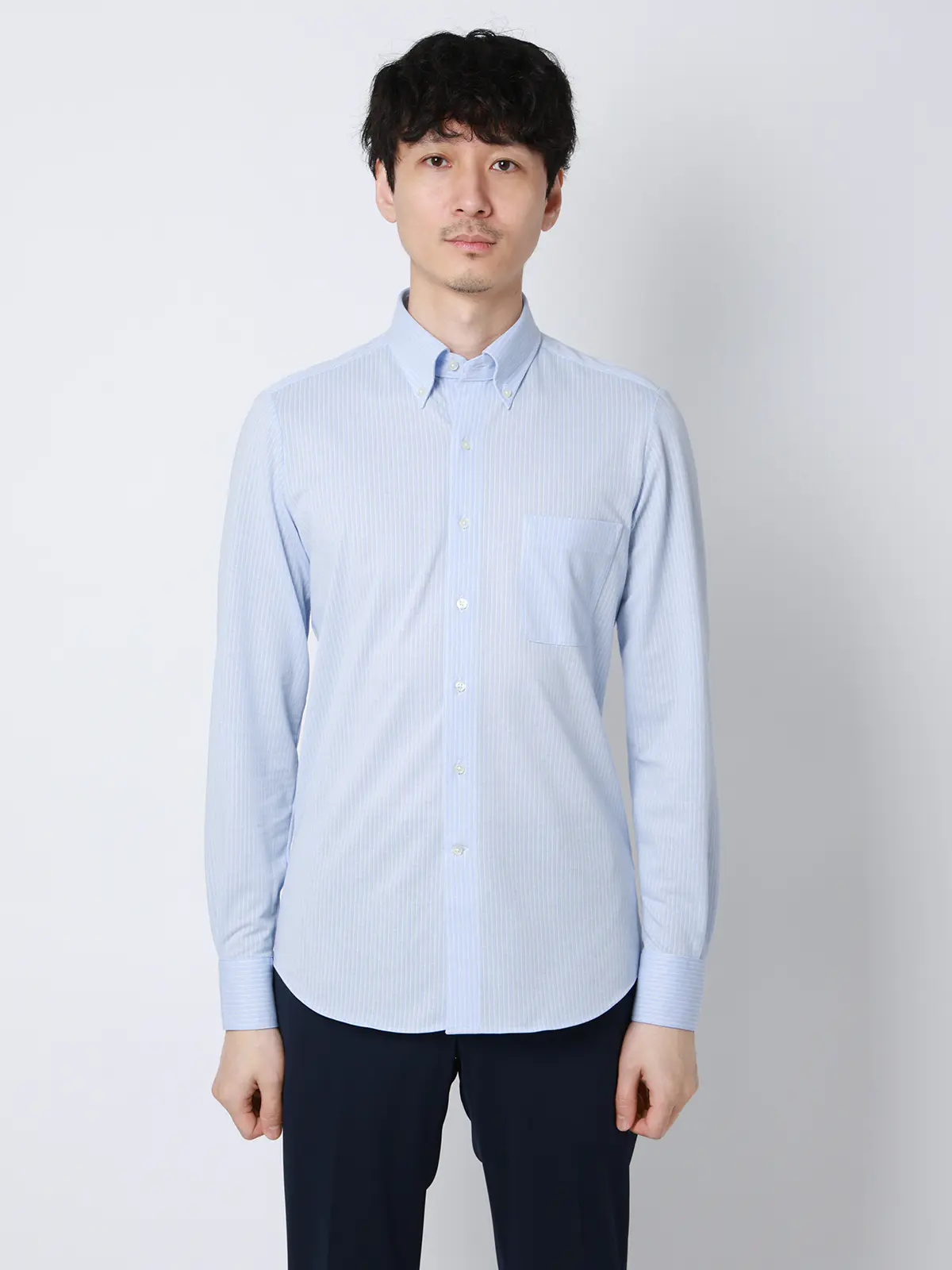 "超"伸びる涼しい最高シャツ／ワイシャツ／ノンアイロンジャージー／ボタンダウンカラー／FIT／ドレスシャツ サックス 首周り:37cm,裄丈:80cm