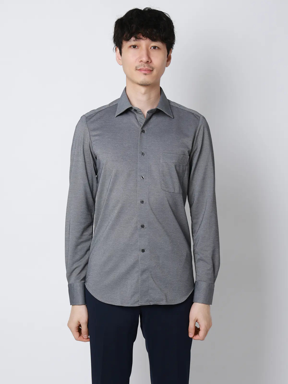 "超"伸びる涼しい最高シャツ／ワイシャツ／ノンアイロンジャージー／ワイドカラー／FIT／ドレスシャツ ネイビー 首周り:37cm,裄丈:80cm