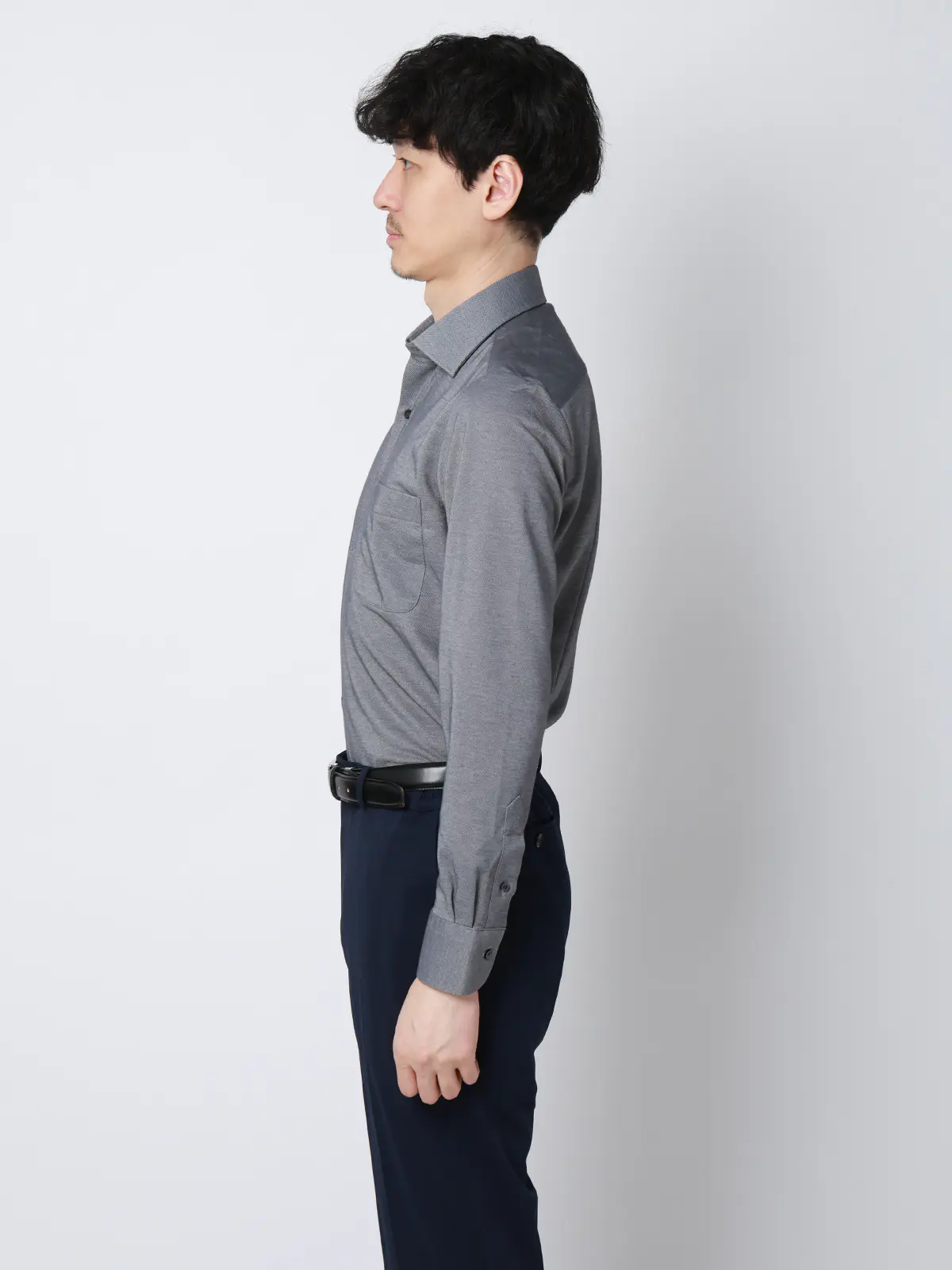 "超"伸びる涼しい最高シャツ／ワイシャツ／ノンアイロンジャージー／ワイドカラー／FIT／ドレスシャツ ネイビー 首周り:37cm,裄丈:80cm