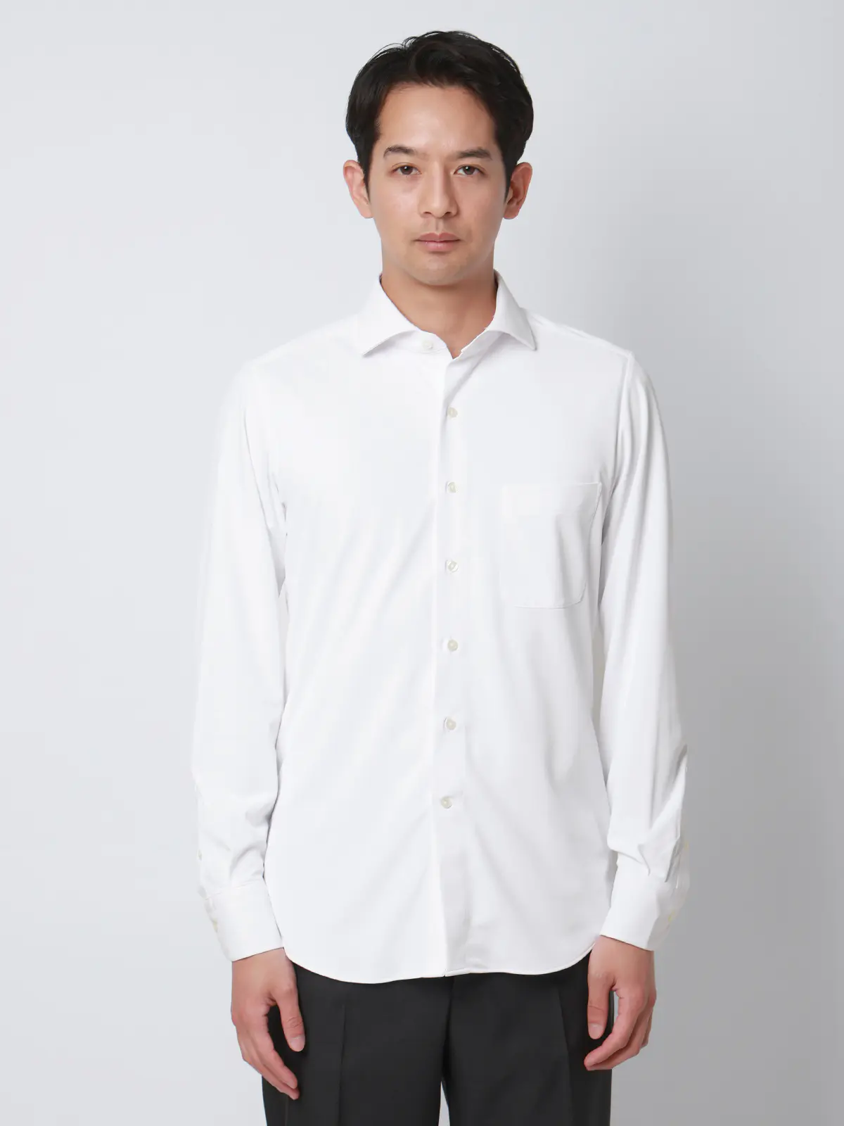 冷たいシャツ／ワイシャツ／ノンアイロンジャージー／ホリゾンタルカラー／FIT／ドレスシャツ ホワイト 首周り:37cm,裄丈:80cm