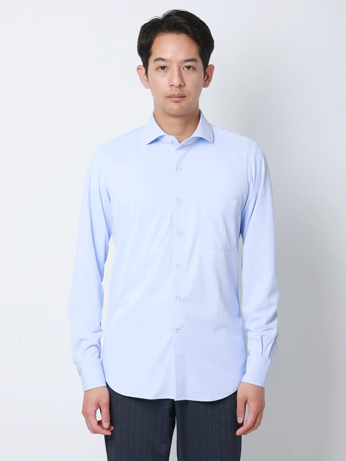 冷たいシャツ／ワイシャツ／ノンアイロンジャージー／ホリゾンタルカラー／FIT／ドレスシャツ サックス 首周り:37cm,裄丈:80cm