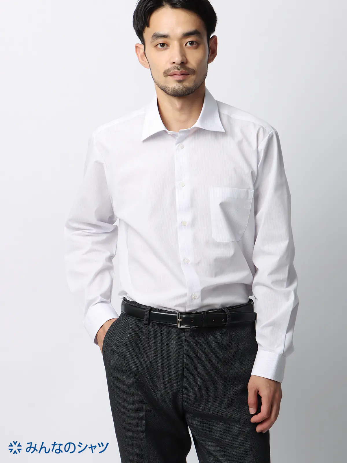 みんなのシャツ／ワイシャツ／長袖／形態安定／ワイドカラー／ストライプ／ドレスシャツ ラベンダー 首周り:37cm,裄丈:78cm
