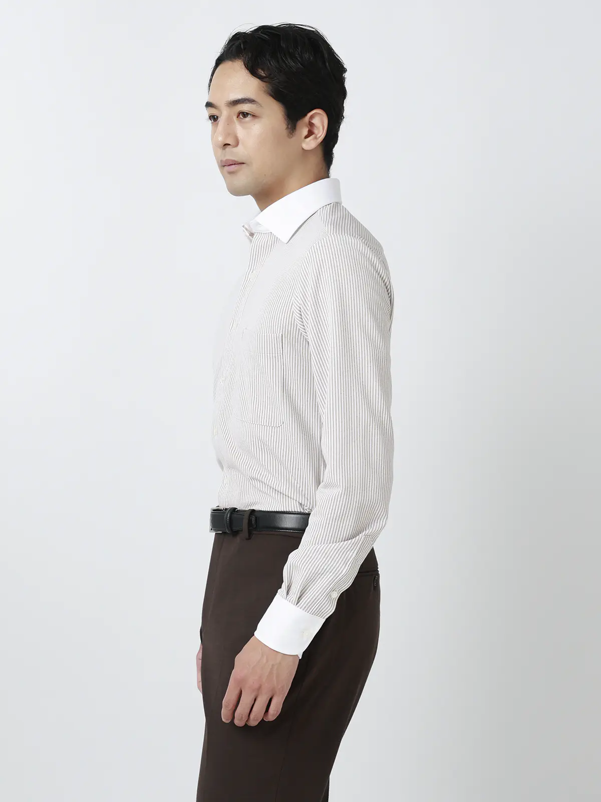 最高シャツ/ワイシャツ/長袖/ノンアイロンジャージー/クレリックカラー/FIT/ドレスシャツ ブラウン 首周り:43cm,裄丈:90cm