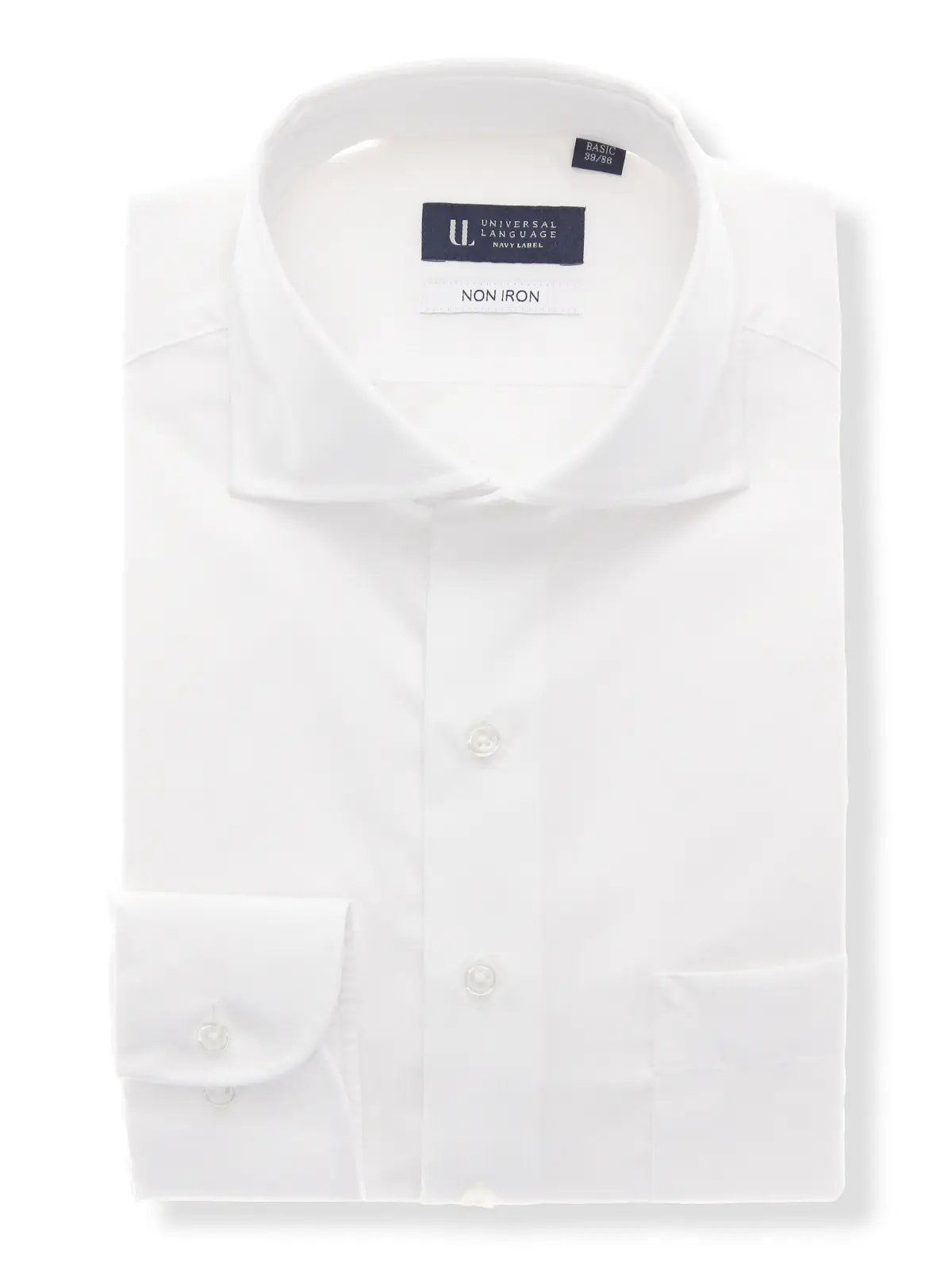 ▽ワイシャツ／長袖／ノンアイロン／形態安定／ホリゾンタルカラー／織柄／BASIC／ドレスシャツ ホワイト 首周り:37cm,裄丈:80cm