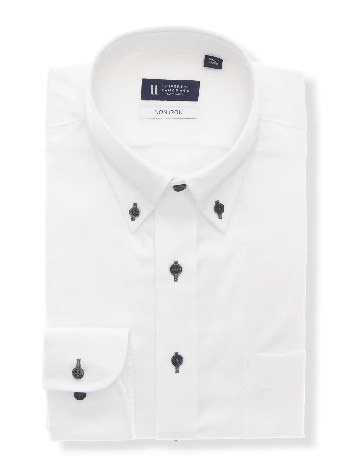 ワイシャツ／長袖／ノンアイロン／形態安定／ボタンダウンカラー／織柄／BASIC／ドレスシャツ ホワイト 首周り:37cm,裄丈:80cm