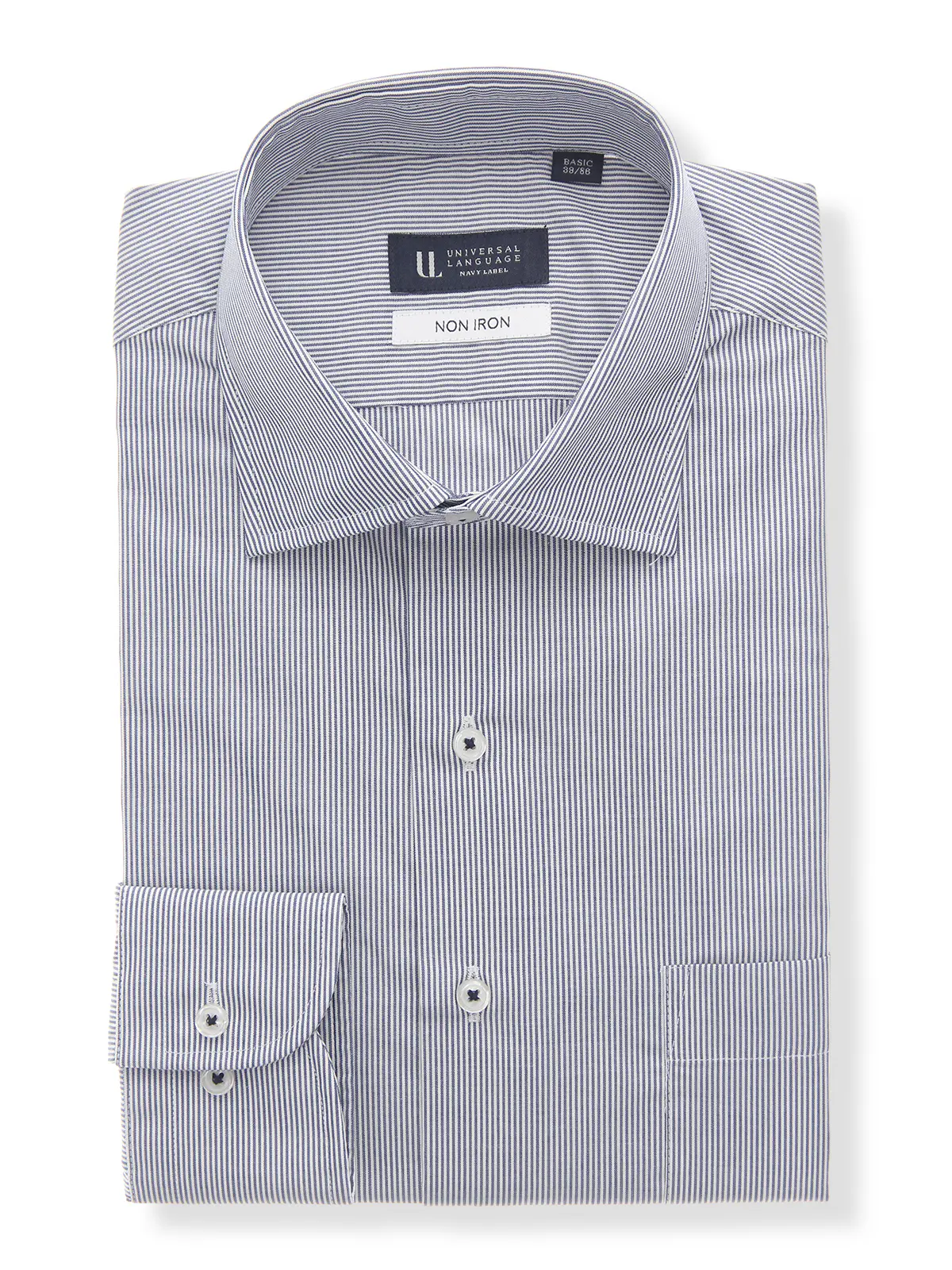 ▽ワイシャツ／長袖／ノンアイロン／形態安定／ワイドカラー／ストライプ／BASIC／ドレスシャツ ネイビー 首周り:37cm,裄丈:80cm