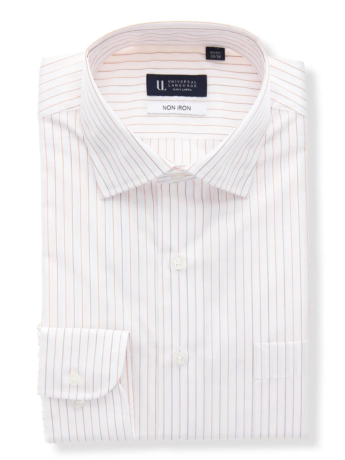 ▽ワイシャツ/長袖/ノンアイロン/形態安定/ワイドカラー/ストライプ/BASIC/ドレスシャツ ブラウン 首周り:37cm,裄丈:80cm