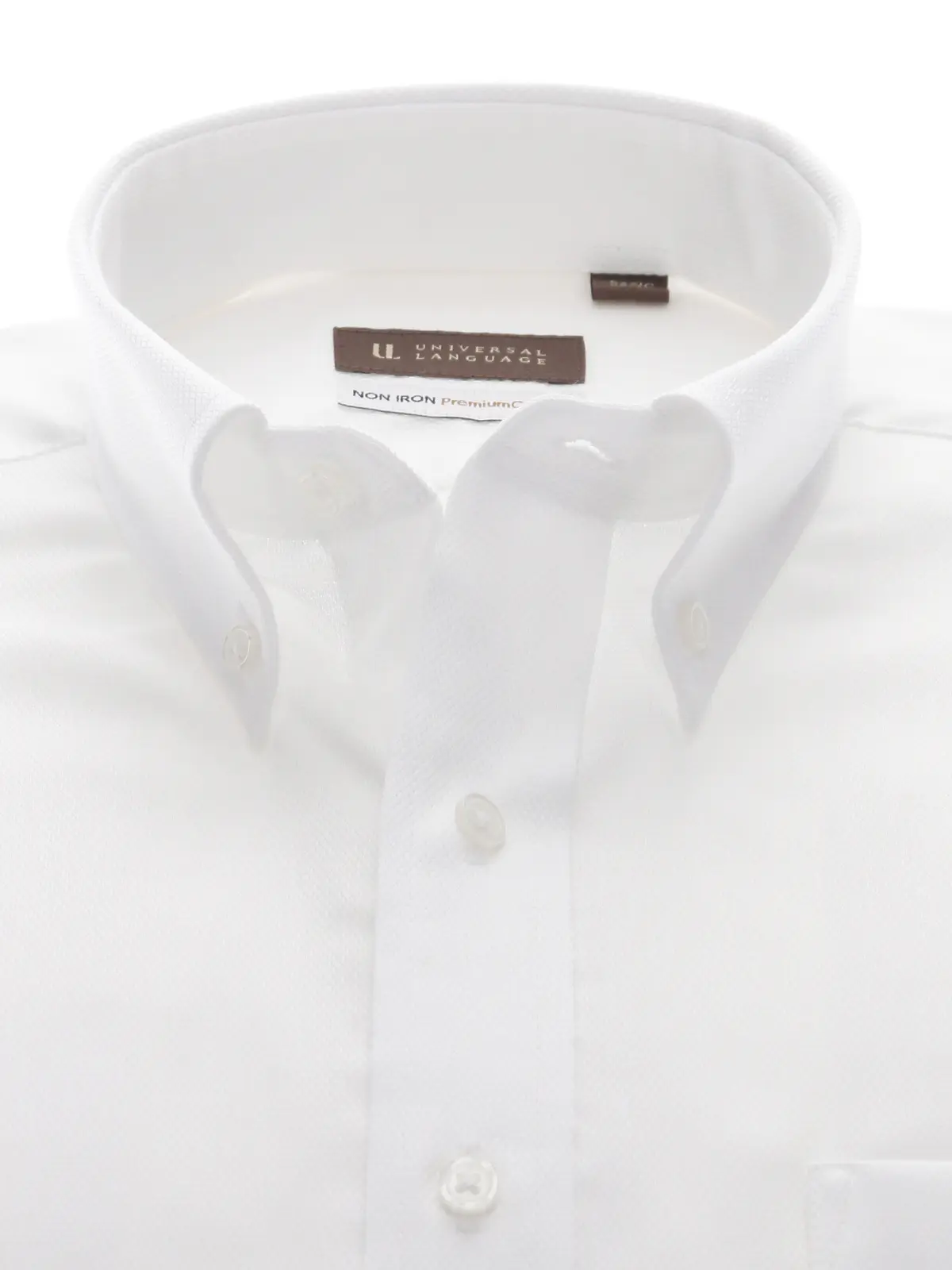 ▽ワイシャツ／長袖／ノンアイロン／ボタンダウンカラー／織柄／BASIC／ドレスシャツ ホワイト 首周り:37cm,裄丈:80cm