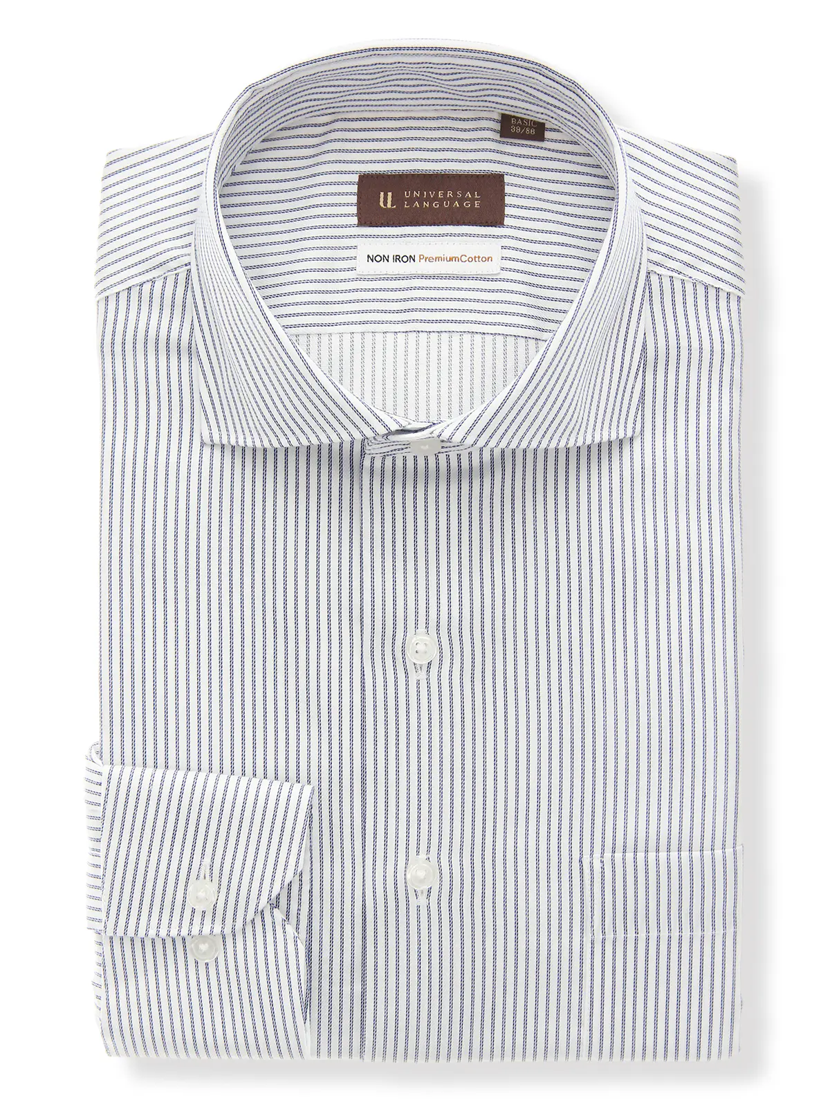 ▽ワイシャツ／長袖／ノンアイロン／形態安定／ホリゾンタルカラー／ストライプ／BASIC／ドレスシャツ ネイビー 首周り:37cm,裄丈:80cm