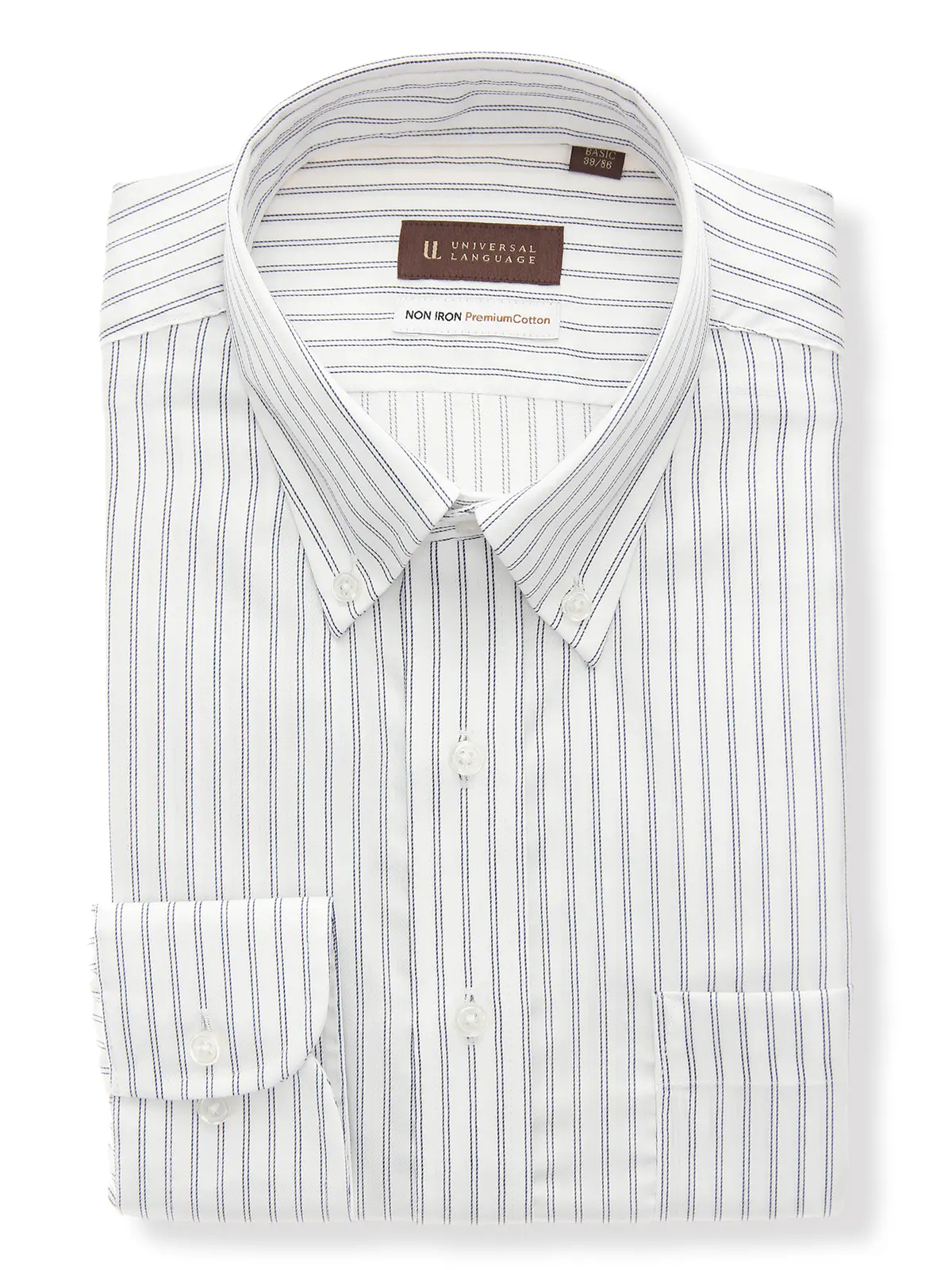 ▽ワイシャツ／長袖／ノンアイロン／形態安定／ボタンダウンカラー／ストライプ／BASIC／ドレスシャツ ネイビー 首周り:37cm,裄丈:80cm