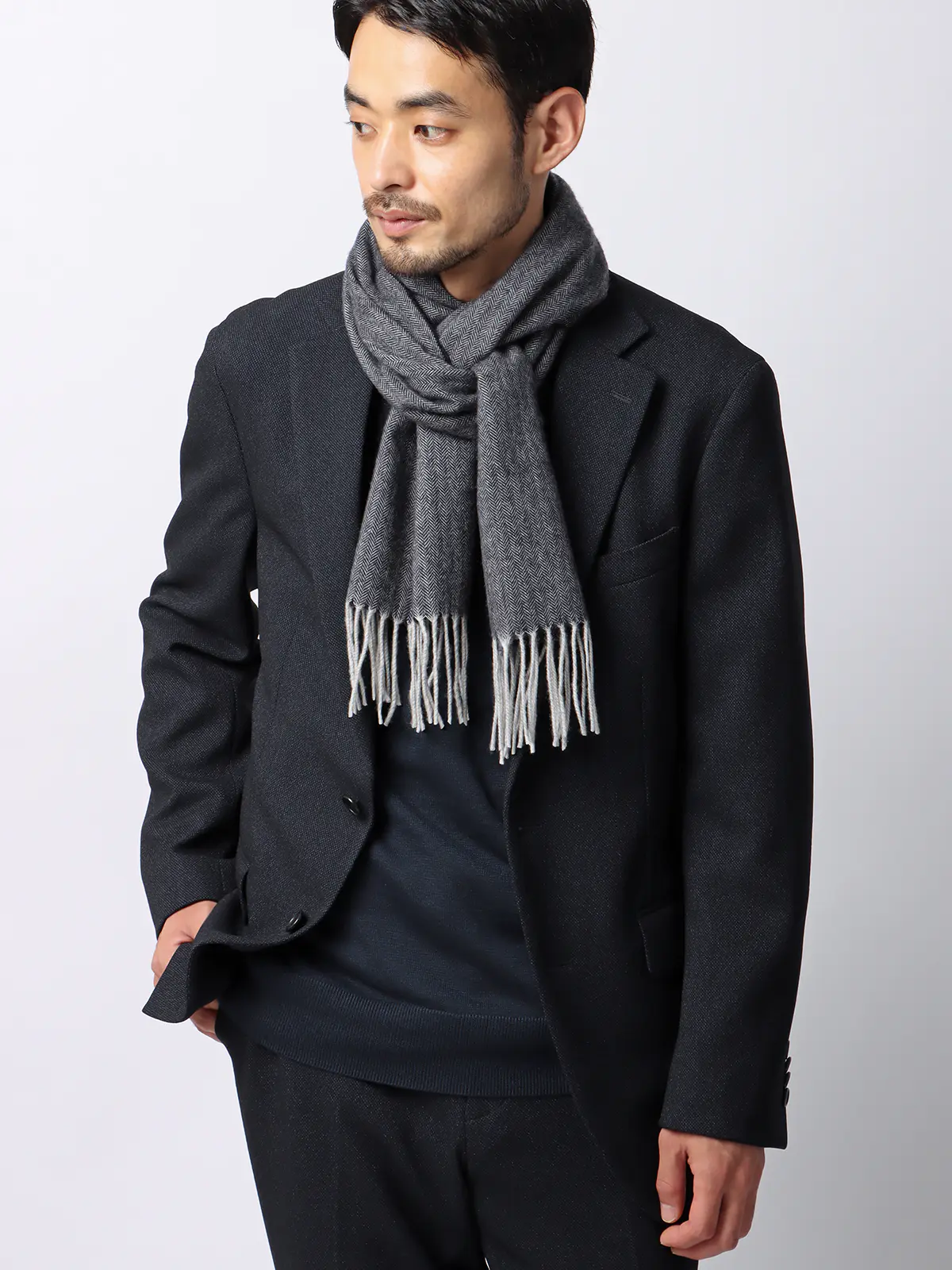 マフラー／シルケットウール／ヘリンボーン グレー F