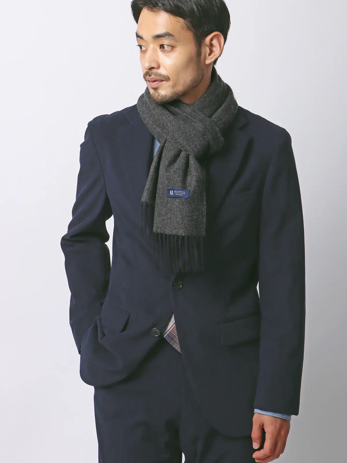 マフラー/シルケットウール/ヘリンボーン ネイビー F