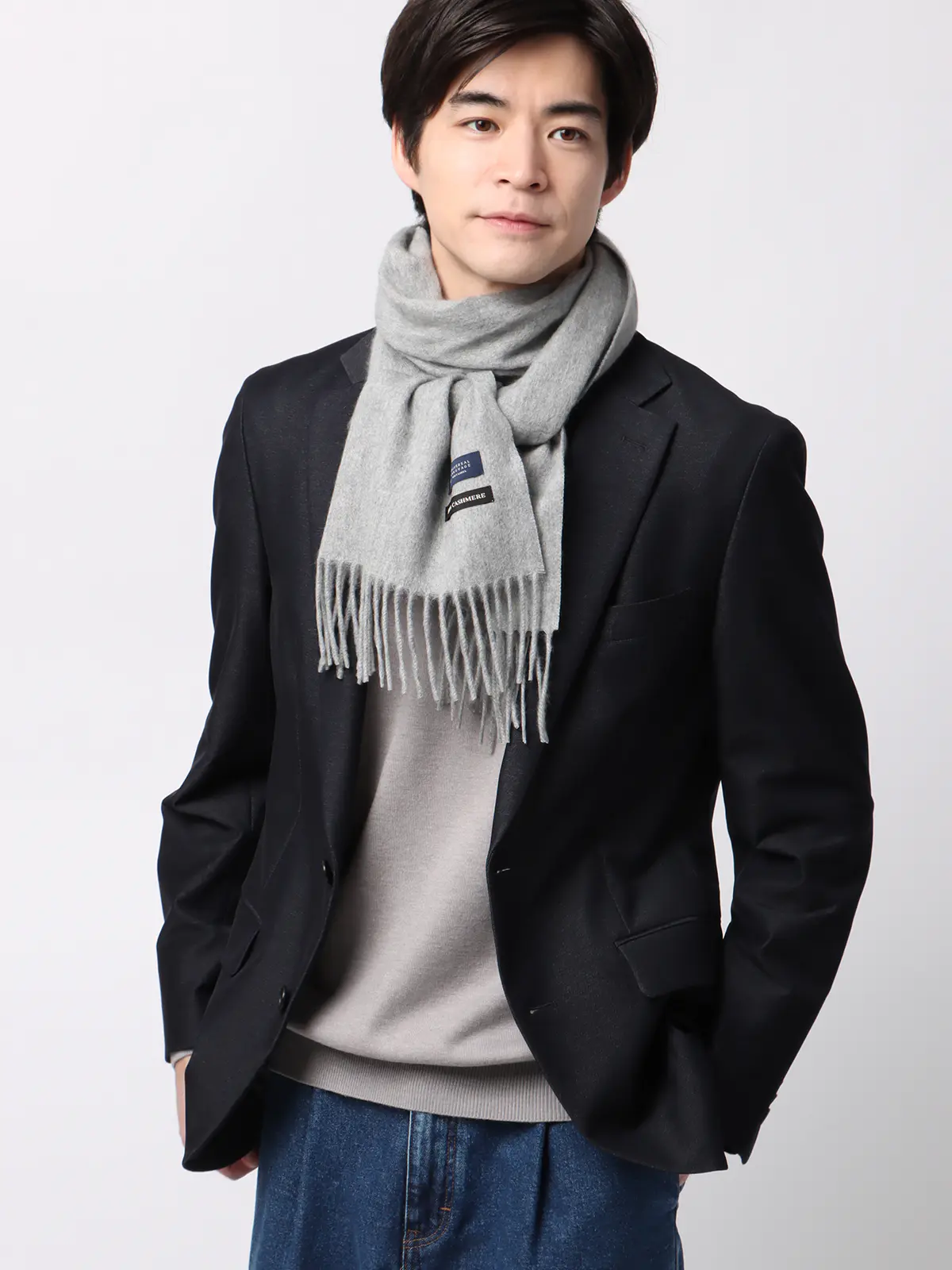 マフラー／カシミヤ／無地 ライトグレー F