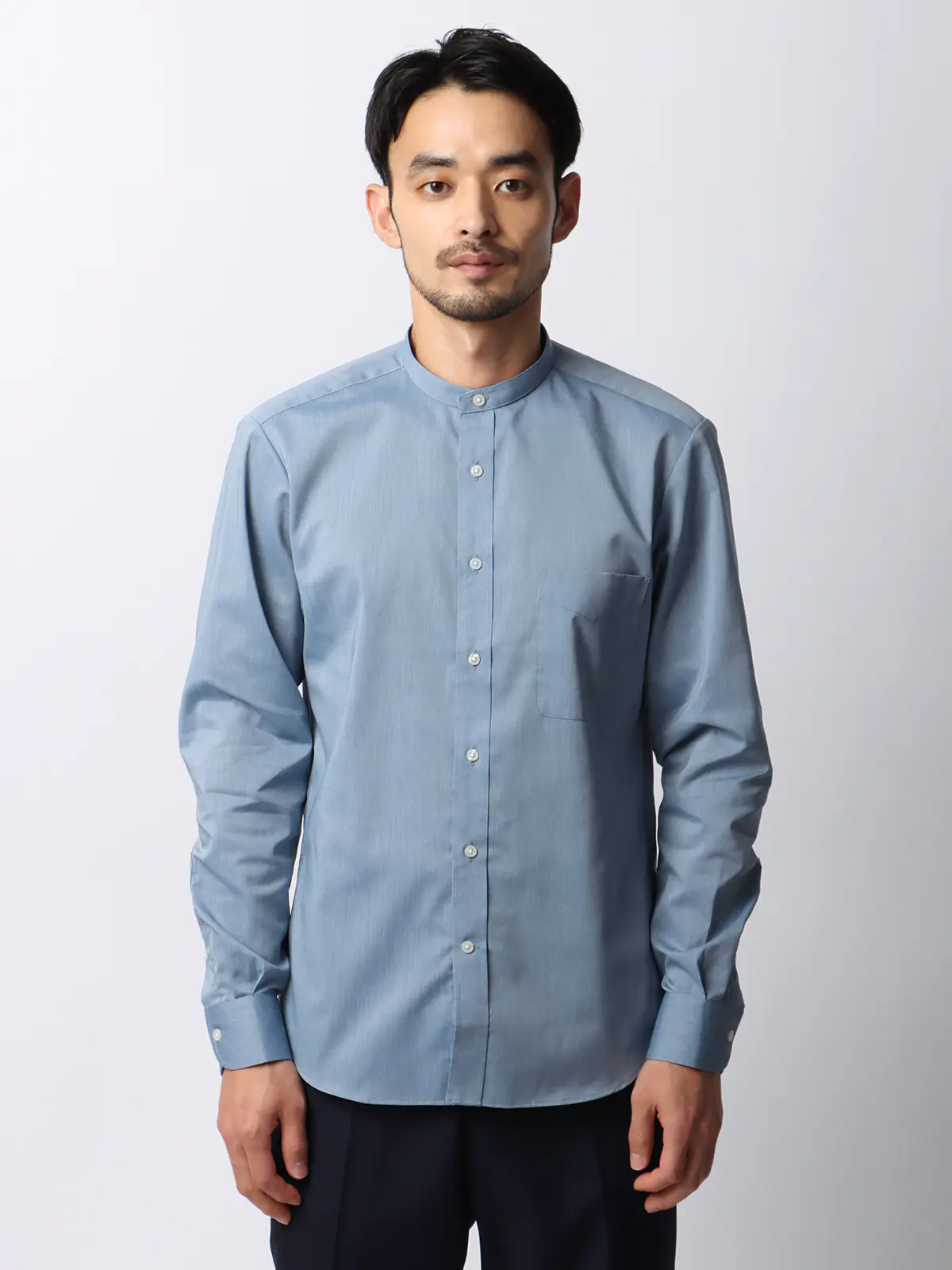 ワイシャツ/長袖/形態安定/ノンアイロン/バンドカラー/無地/BASIC/ドレスシャツ ブルー S