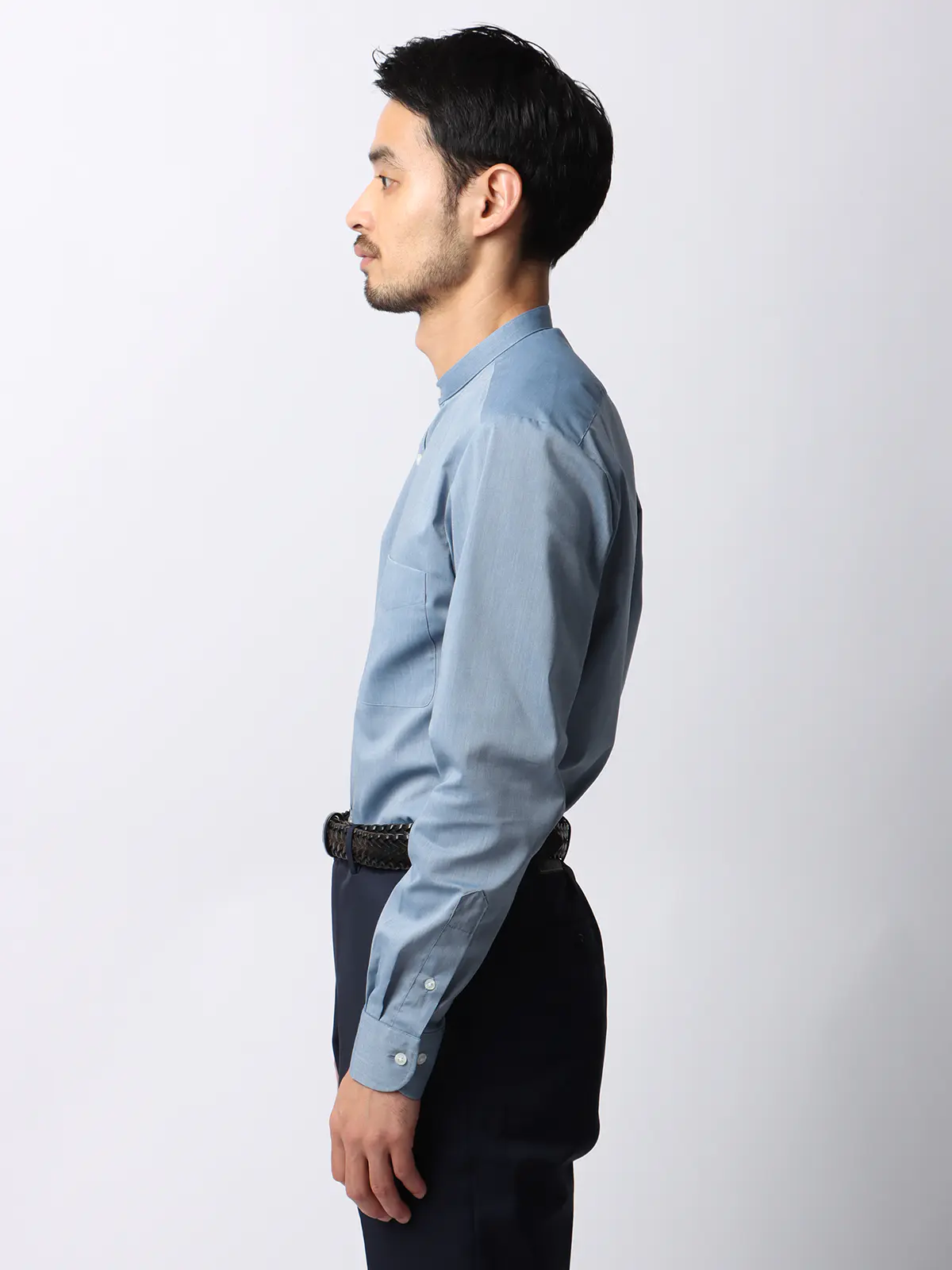 ワイシャツ/長袖/形態安定/ノンアイロン/バンドカラー/無地/BASIC/ドレスシャツ ブルー S