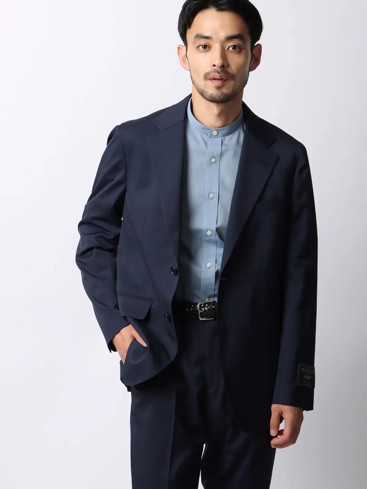 ワイシャツ/長袖/形態安定/ノンアイロン/バンドカラー/無地/BASIC/ドレスシャツ ブルー S