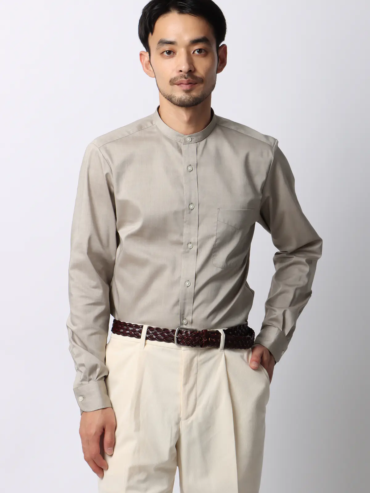 ワイシャツ/長袖/形態安定/ノンアイロン/バンドカラー/無地/BASIC/ドレスシャツ ベージュ S
