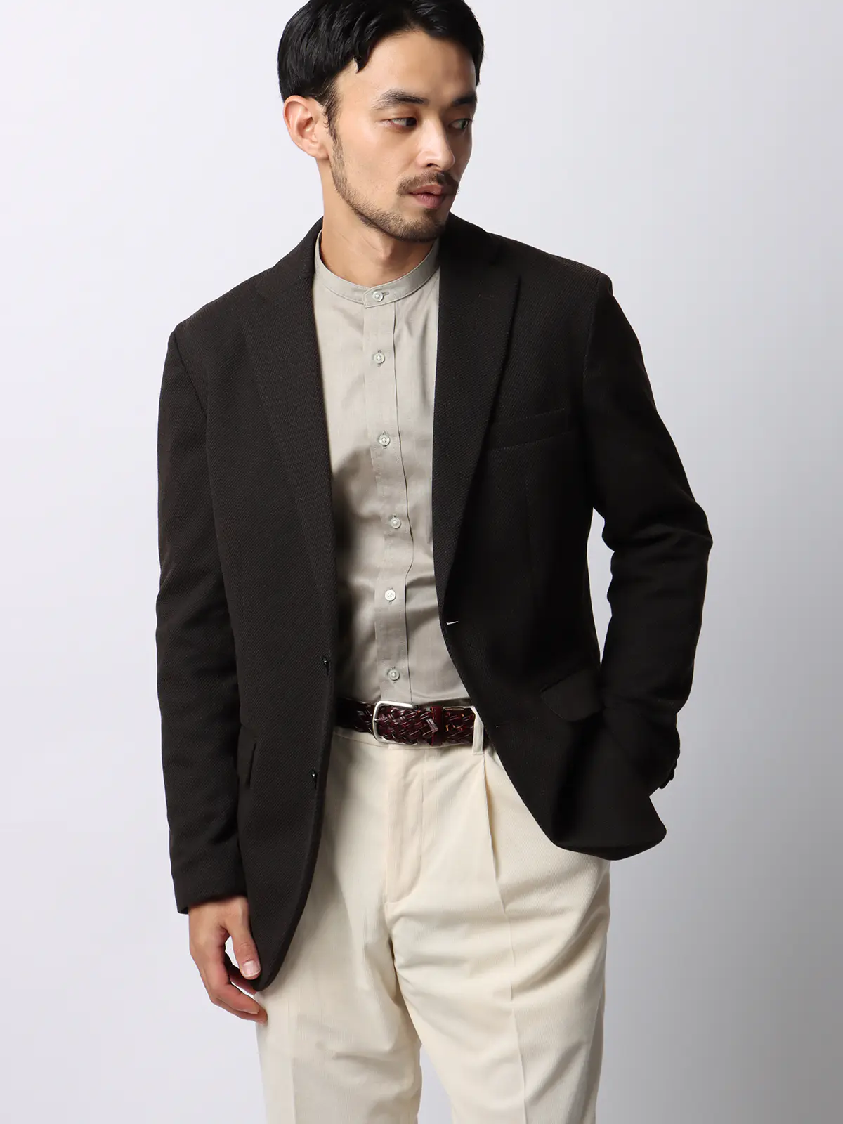 ワイシャツ/長袖/形態安定/ノンアイロン/バンドカラー/無地/BASIC/ドレスシャツ ベージュ S