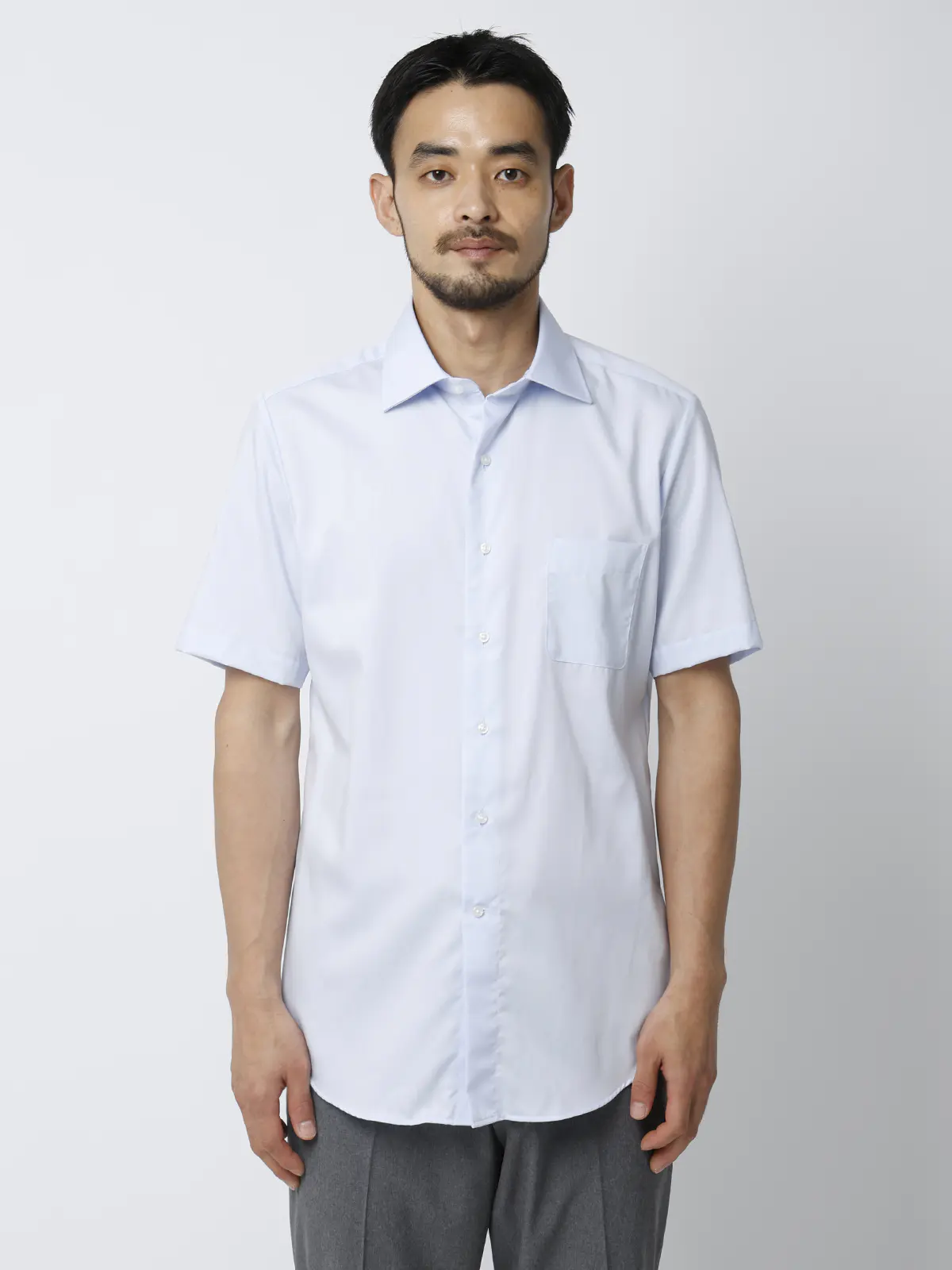 WEB限定/ワイシャツ/半袖/形態安定/ワイドカラー/無地/FIT/ドレスシャツ サックス M