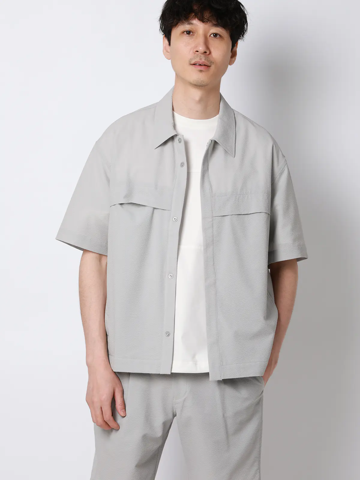 FLAT/ユーティリティーシャツ/半袖/ウォッシャブル/ストレッチ/ドライシアサッカー/無地 ライトグレー S