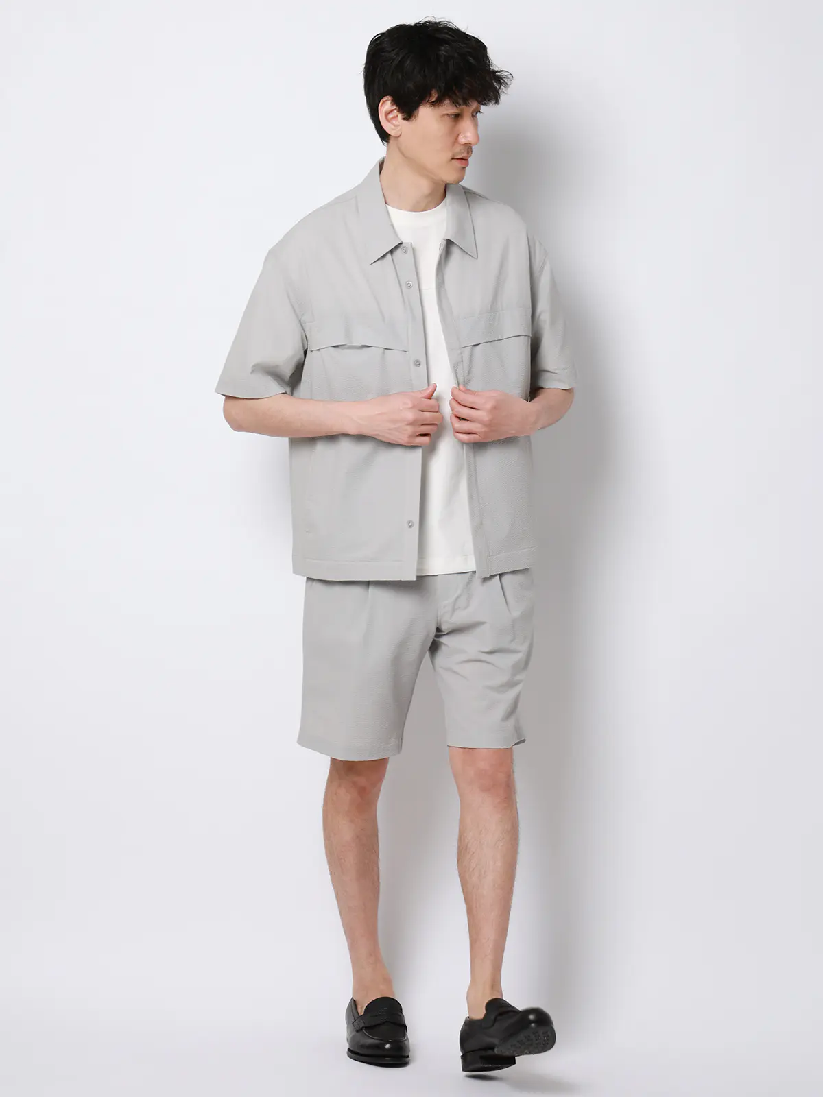 FLAT/ユーティリティーシャツ/半袖/ウォッシャブル/ストレッチ/ドライシアサッカー/無地 ライトグレー S