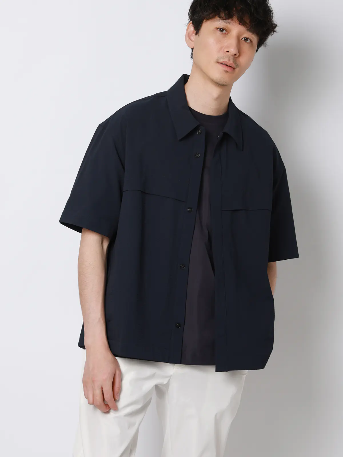 FLAT/ユーティリティーシャツ/半袖/ウォッシャブル/ストレッチ/ドライシアサッカー/無地 ネイビー S
