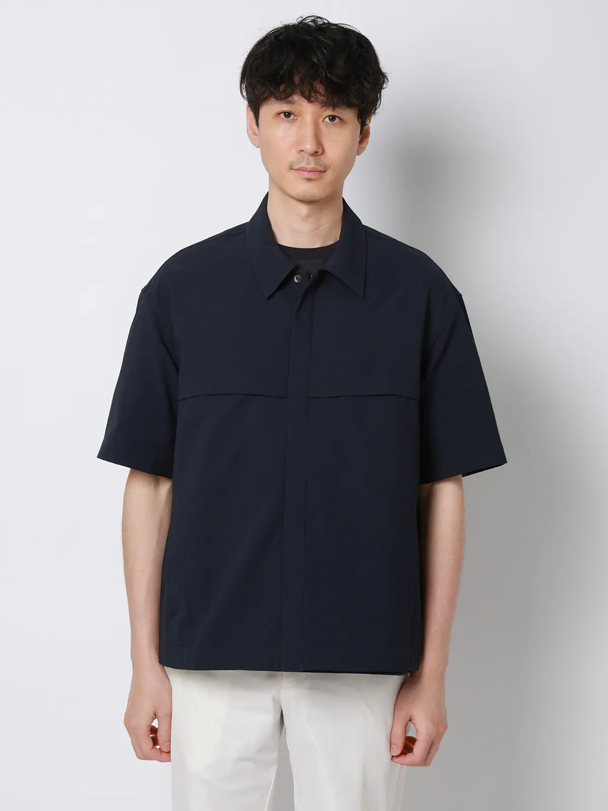 FLAT/ユーティリティーシャツ/半袖/ウォッシャブル/ストレッチ/ドライシアサッカー/無地 ネイビー S