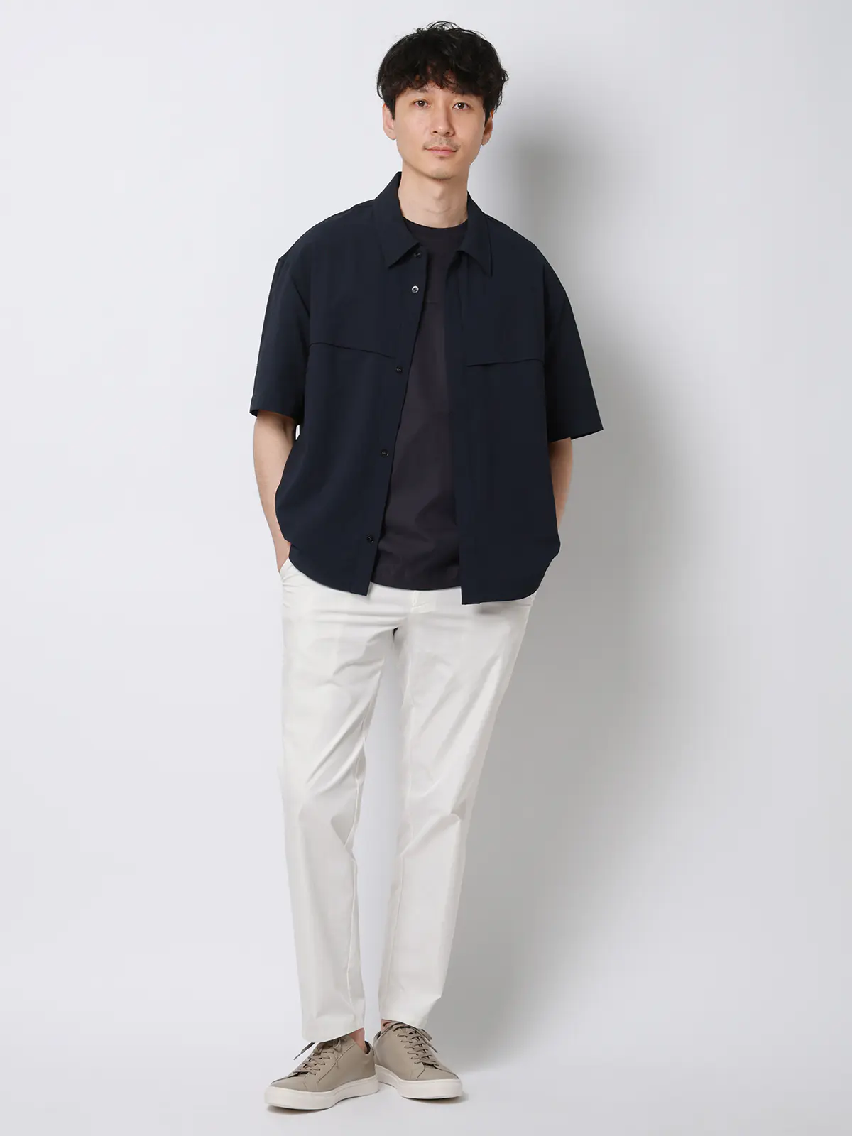 FLAT/ユーティリティーシャツ/半袖/ウォッシャブル/ストレッチ/ドライシアサッカー/無地 ネイビー S