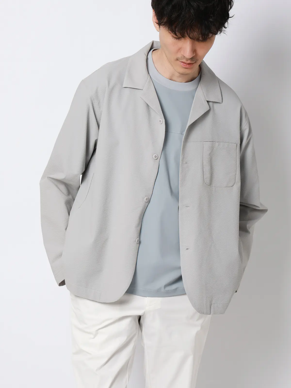 FLAT／オープンカラーアウターシャツ／ウォッシャブル／ストレッチ／ドライシアサッカー／無地 ライトグレー S