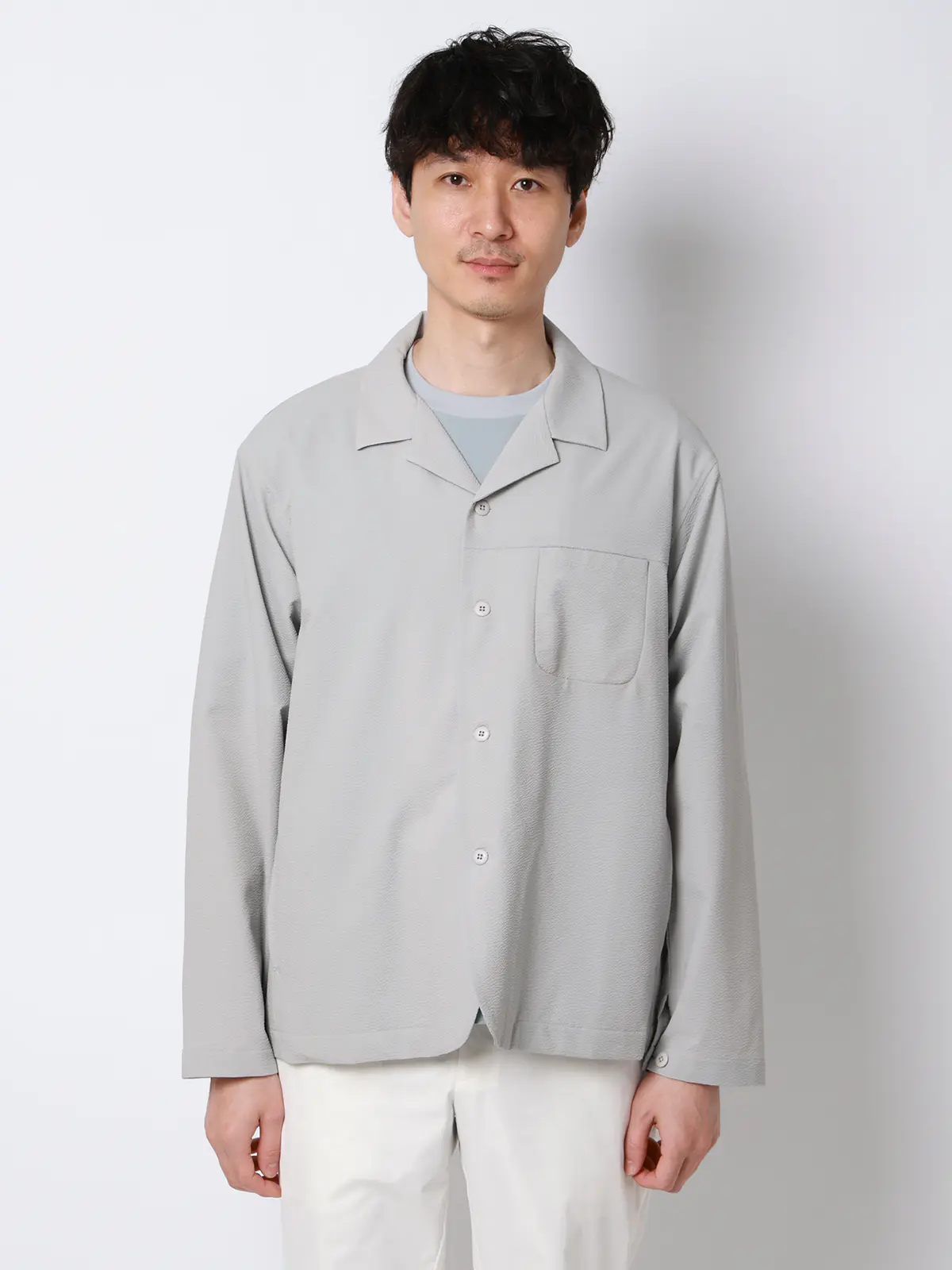 FLAT／オープンカラーアウターシャツ／ウォッシャブル／ストレッチ／ドライシアサッカー／無地 ライトグレー S