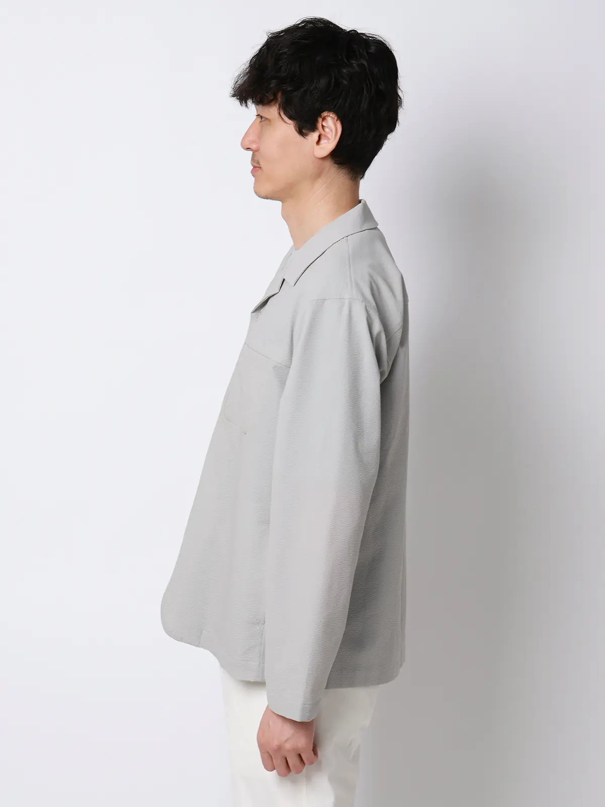 FLAT／オープンカラーアウターシャツ／ウォッシャブル／ストレッチ／ドライシアサッカー／無地 ライトグレー S