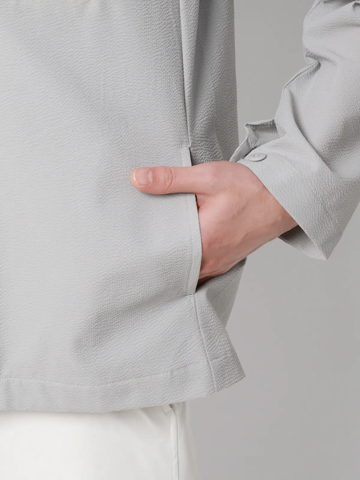 FLAT／オープンカラーアウターシャツ／ウォッシャブル／ストレッチ／ドライシアサッカー／無地 ライトグレー S