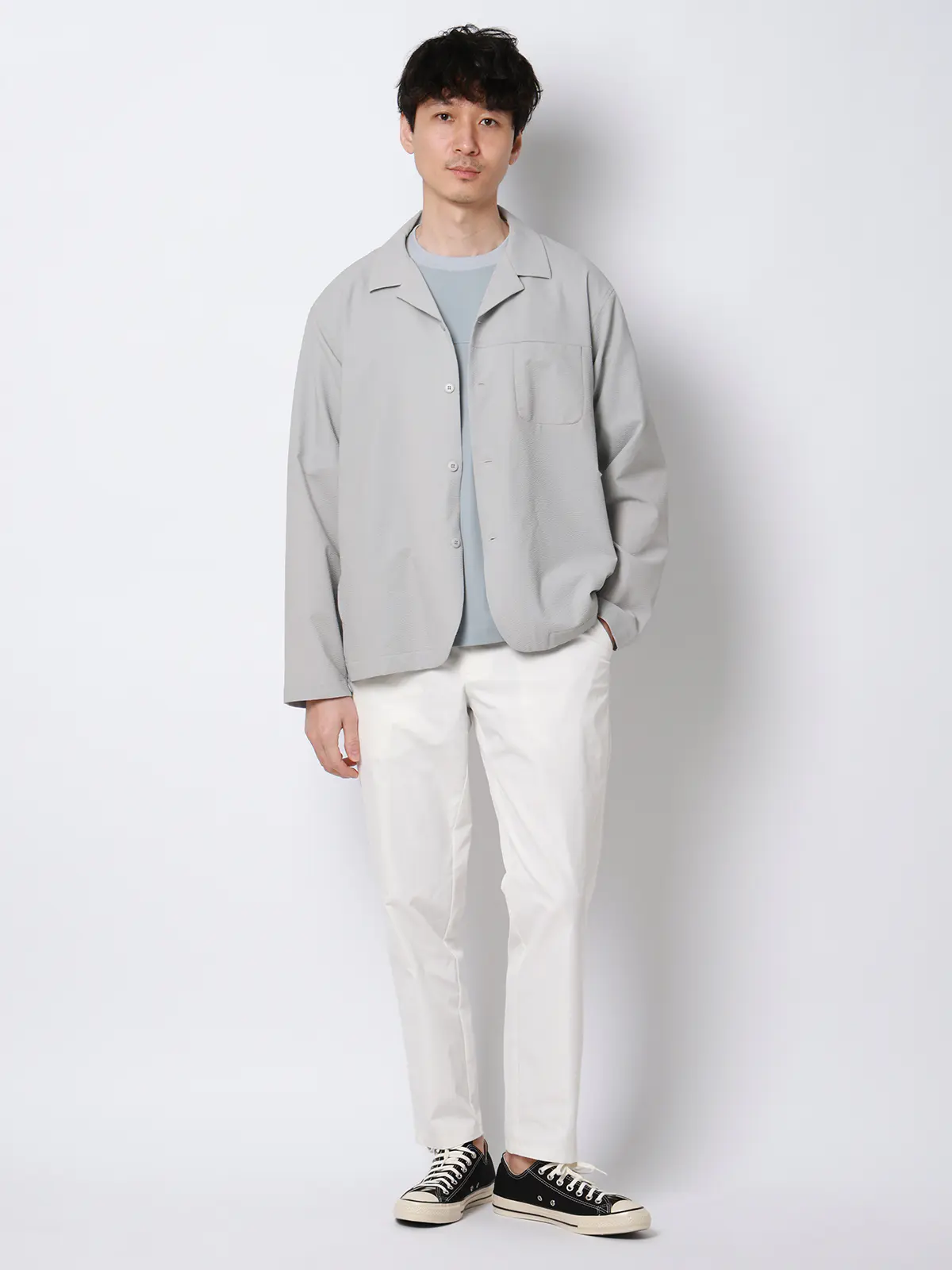 FLAT／オープンカラーアウターシャツ／ウォッシャブル／ストレッチ／ドライシアサッカー／無地 ライトグレー S