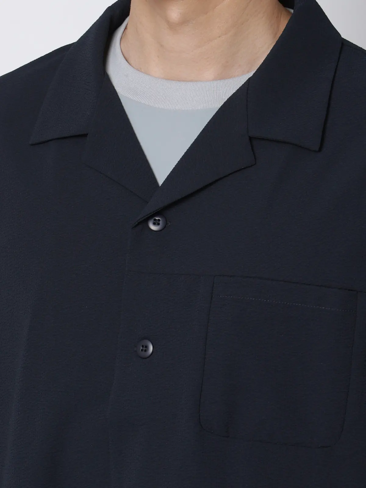 FLAT/オープンカラーアウターシャツ/ウォッシャブル/ストレッチ/ドライシアサッカー/無地 ネイビー S